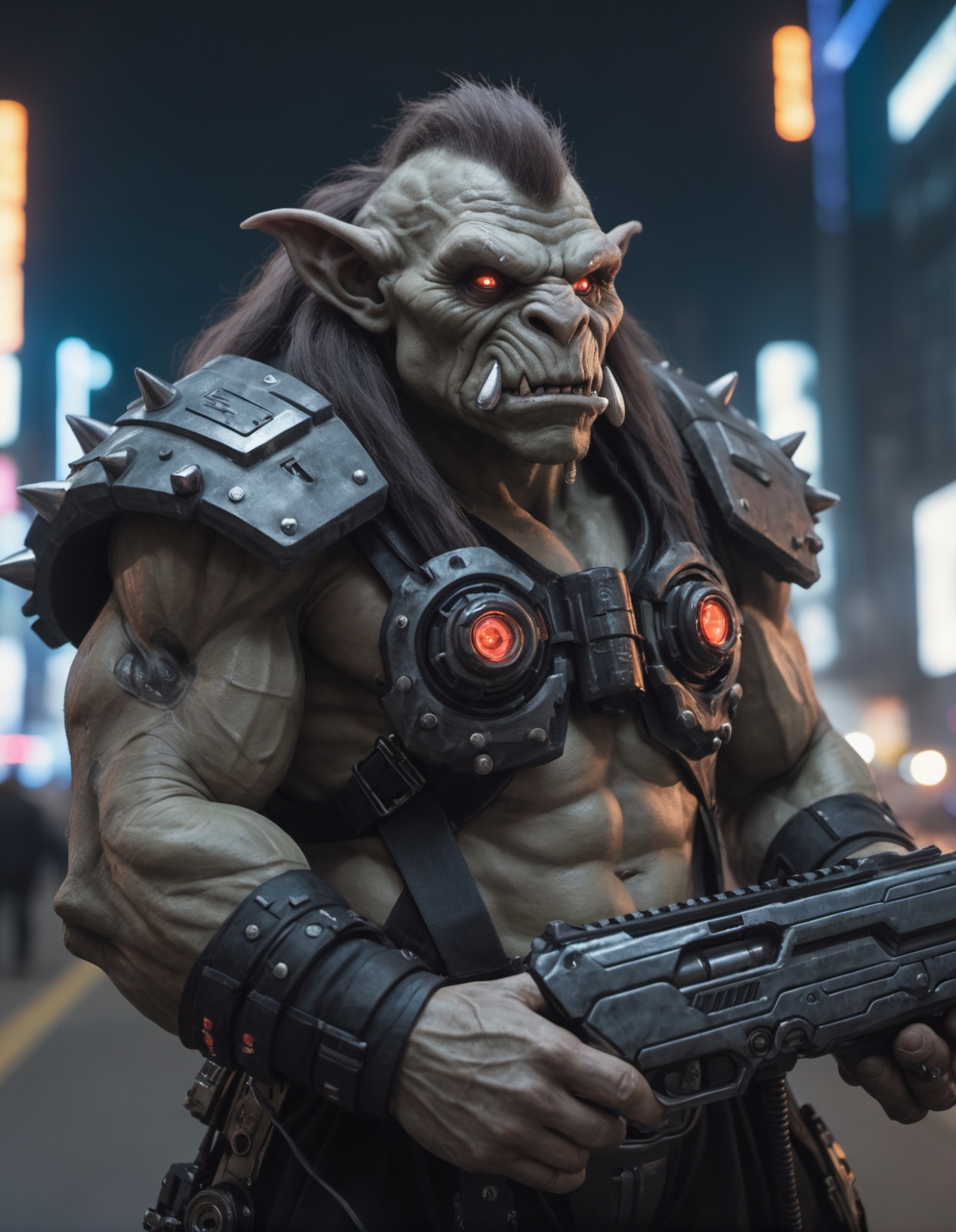 Closeup photo of a cyberpunk mountain troll in night city holding a futuristic gun on Tensor.Art