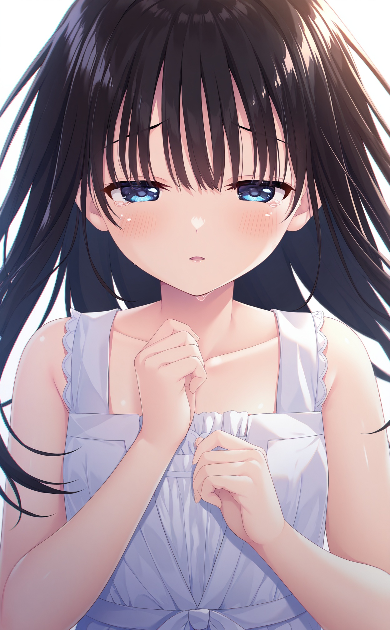 masterpiece,very aware,highres,absurdres,newest,best quality,high quality,loli,petite,chromatic_aberration,//,1girl,solo,long_hair,blue_eyes,black_hair,collarbone,looking_at_viewer,blush,white_dress,dress,sleeveless_dress,sleeveless,parted_lips,hands_up,half-closed_eyes,upper_body,straight-on,bare_shoulders,sundress,tears,white_background,straight_hair,floating_hair,simple_background,own_hands_together,hair_between_eyes,crying,crying_with_eyes_open,//,<lora:kz——【noob】hans-000002:0.8>,