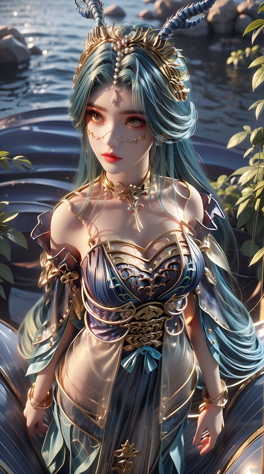High quality, ultra high definition, surreal, highest resolution, high detail, clear visuals, girl, full body portrait, sapphire eyes, red lips, exquisite facial features, looking at the camera, (Above calf),1girl,blue hair,crown,gem,gold,jewelry,long hair,looking at viewer,yellow eyes,facial mark,forehead jewel,necklace,horns,hair ornament,blue dress,dragon girl,cinematic photography, bright colours, ,langnu, ((poakl)), flower sea, in spring, masterpiece, absurdres<lora:EMS-346315-EMS:0.700000>, <lora:EMS-80191-EMS:0.200000>, <lora:EMS-410555-EMS:0.800000>