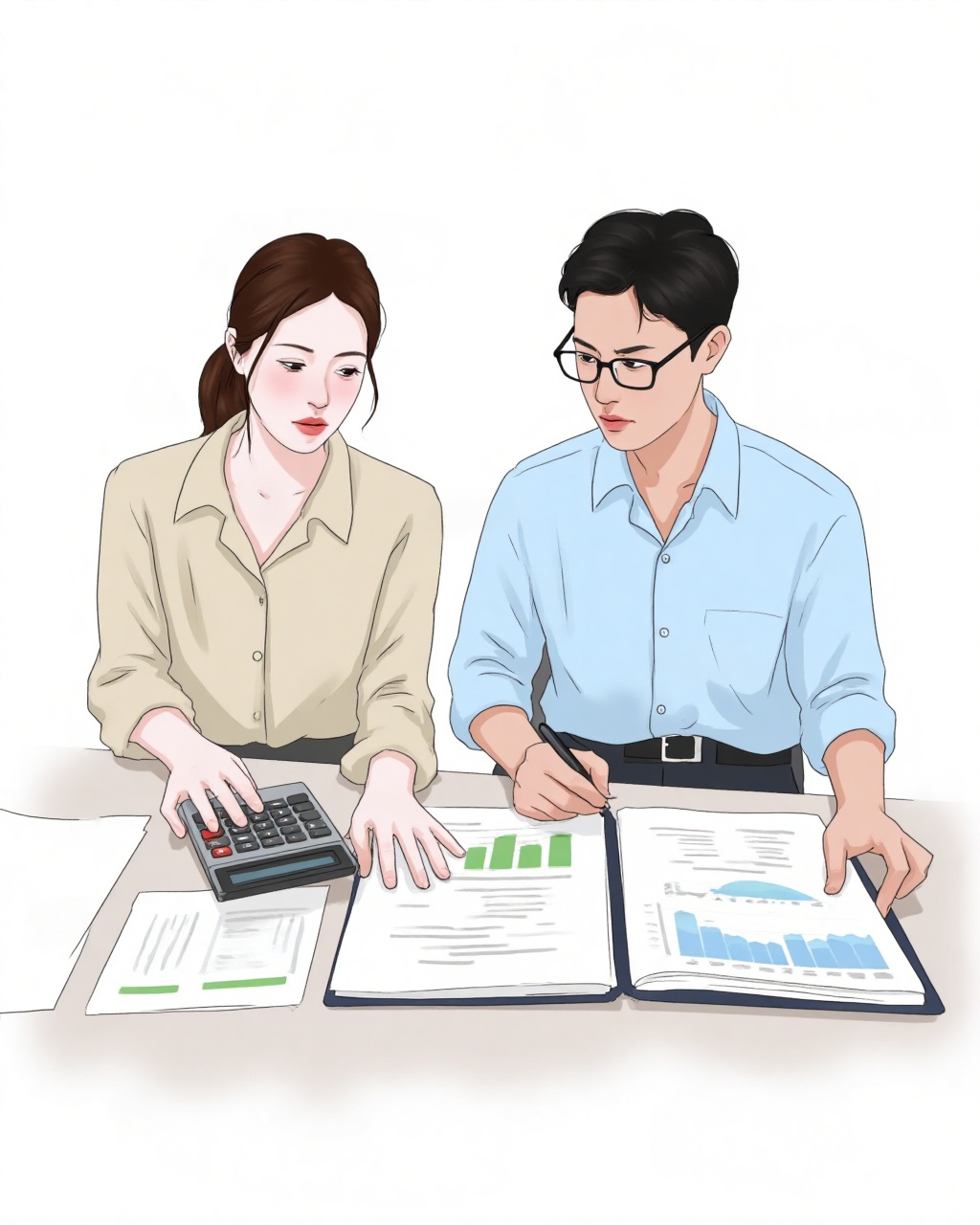 A young man and woman sitting at a desk with a calculator and financial reports, both wearing light-colored shirts and dress pants, focused and serious expressions, woman with ponytail, man with black-rimmed glasses, discussing or checking data, plain white background.