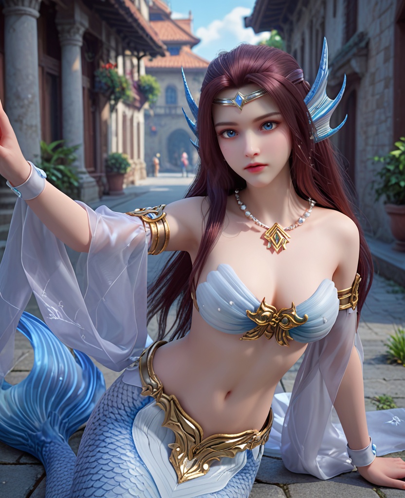 (oriental architecture, elegant decor, sophisticated style:1.1),Posing with one leg lifted, hands touching the lifted foot,,(breasts:1.2),<lora:XL完美世界人鱼少女:0.8>,mermaid,solo,shell bikini,tail of mermaid,blue eyes,circlet,brown hair,long hair,head fins,necklace,armlet,detached sleeves of see-through,wristband,scales,, zPDXL2, score_9, score_8_up, score_7_up BREAK realistic, masterpiece,best quality, highly detailed,, zPDXL3, zPDXL2,zPDXL, zPDXLxxx, zPDXLrl,