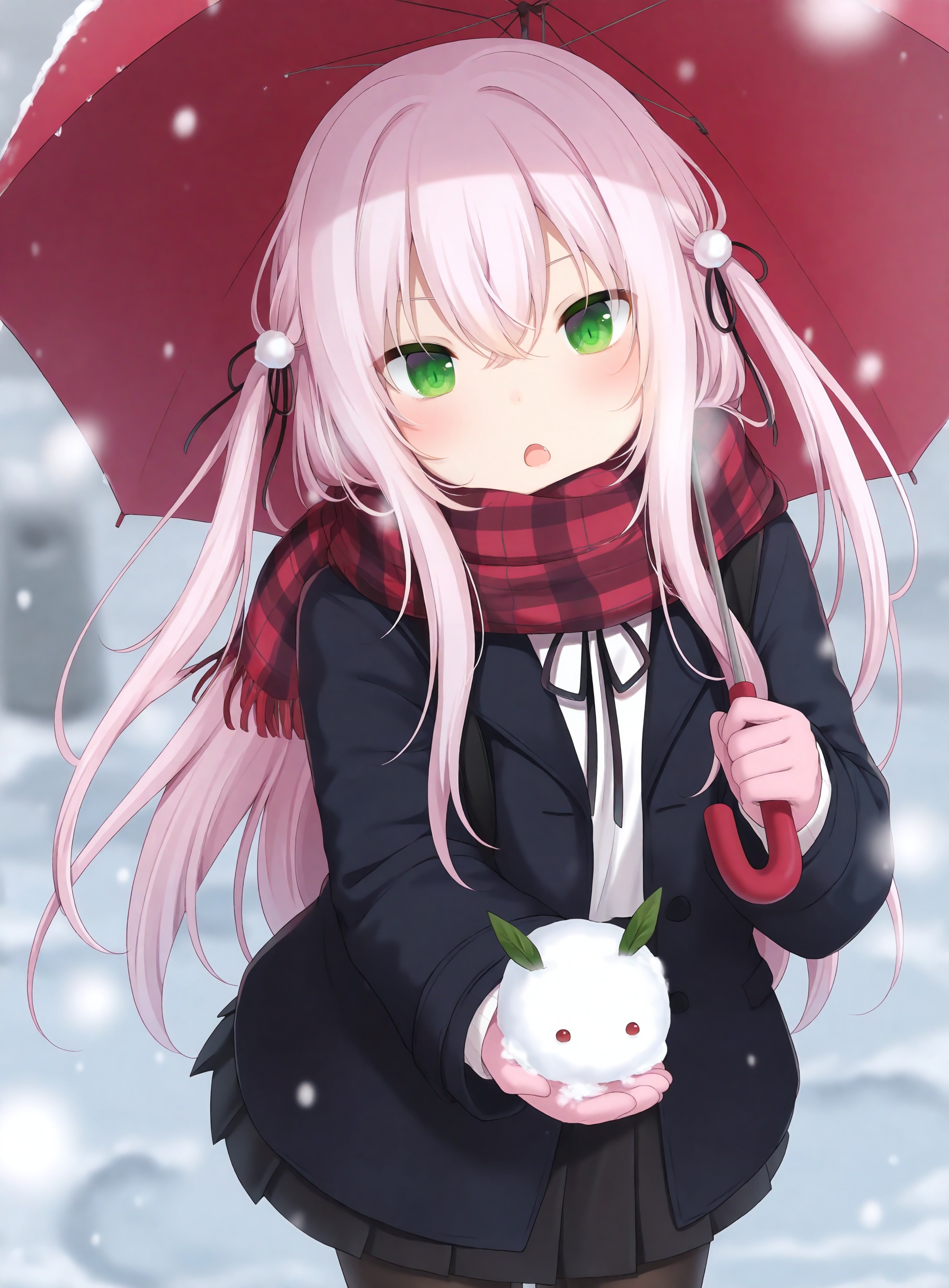slit_pupils,amashiro_natsuki, CHARACTERS-riru, 1girl, solo, green_eyes, scarf, two_side_up, skirt, holding, pantyhose, long_hair, umbrella, snow_rabbit, ribbon, pleated_skirt, black_skirt, pink_gloves, plaid_scarf, pink_hair, long_sleeves, plaid, hair_between_eyes, black_ribbon, blush, open_clothes, snowing, snow, holding_umbrella, looking_at_viewer, gloves, black_pantyhose, red_scarf, open_mouth, hair_ornament, jacket, very_long_hair, hair_ribbon, white_shirt, fringe_trim, blurry, shirt, black_jacket, neck_ribbon, depth_of_field, :o, outdoors, coat, standing, red_umbrella, open_jacket, brown_pantyhose, fang,masterpiece, best quality, newest, highres, absurdres, newest,