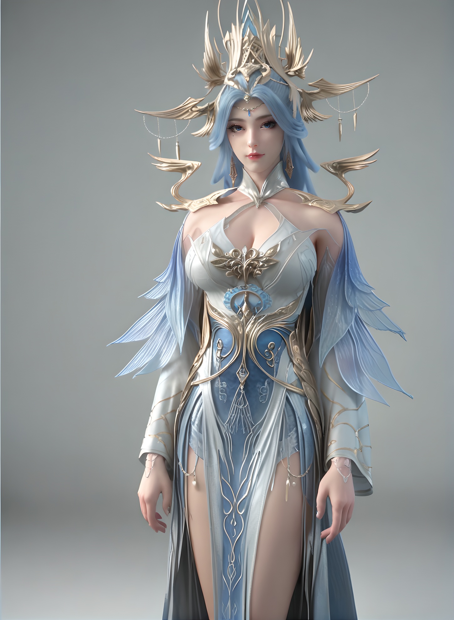 fair_skin,white_skin,Ivory_skin,score_9,<lora:SF_NingYuDieSecondCothing_Pony_Realism-000004:0.7>,hair ornament,dress,blue hair,1girl,breasts,large breasts,standing,solo,looking at viewer,simple background,