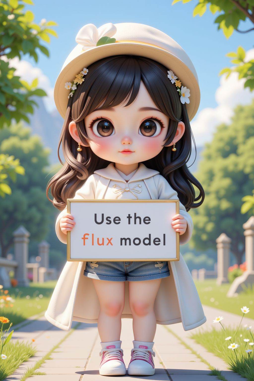 girl,upper body,chibi,outdoors,holding a sign with text "Use the flux model",