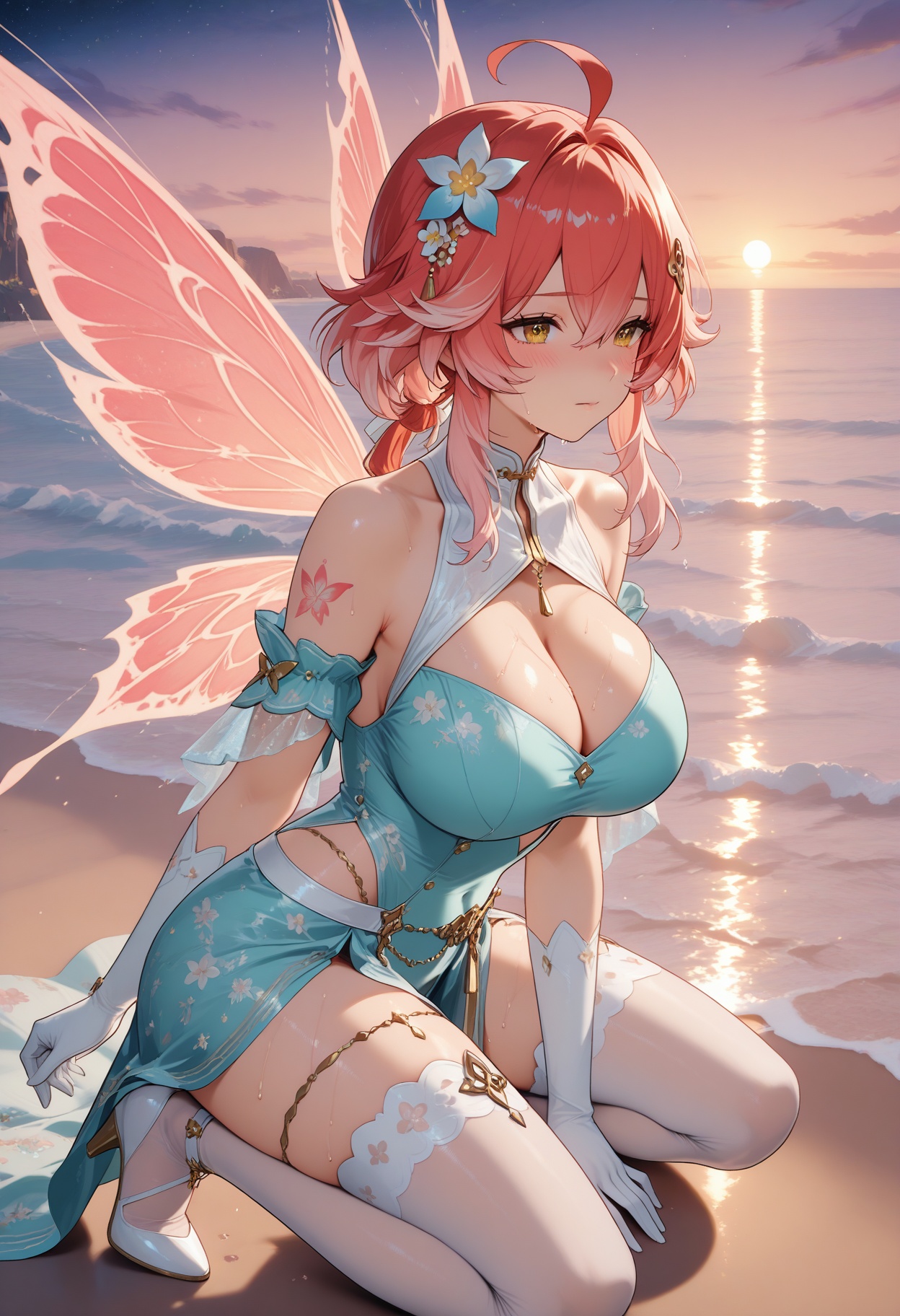 1girl,solo,solo focus,best quality,very aesthetic,sweat,blush,solo,beach,ocean,kneel and sit,butterfly_tattoo,collarbonea,soxy,wet body,the body has water,leg chain,chest chain,belly chain,animal collar,waves,gradient_sky,starry_sky,dusk,in summer,<lora:长离师尊:1>,changli,1girl,long hair,bangs,hair ornament,ribbon,hair between eyes,bare shoulders,yellow eyes,ahoge,red hair,short hair,multicolored hair,highlighted hair,pink hair,flower,hair flower,sexy,<lora:陷落绮梦:1>,xqym,gloves,dress,bare shoulders,wings,high heels,white gloves,white footwear,skirt,elbow gloves,long skirt,white bow,clothing cutout,cleavage cutout,fairy wings,white_thighhighs,suspenders,