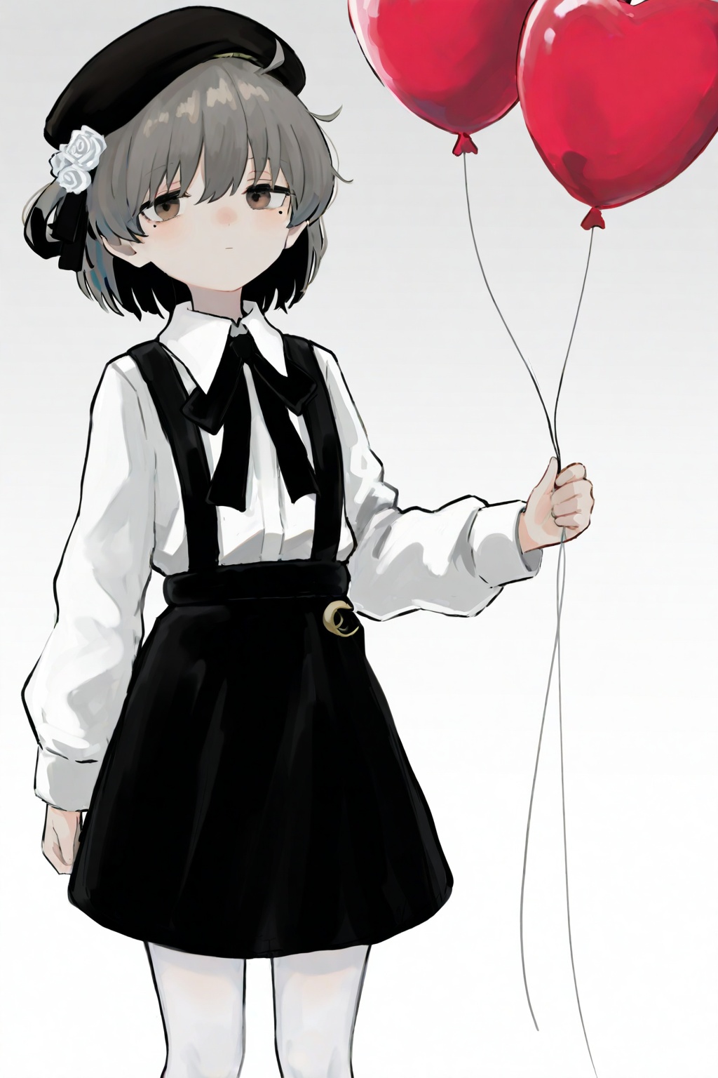 highres,absurdres,Visual impact,masterpiece,amazing quality,best quality,very aesthetic,very awa,newest,<lora:pikuson-Style-000060:0.8>,1girl,hatoba tsugu,solo,holding balloon,balloon,virtual youtuber,suspenders,pantyhose,suspender skirt,skirt,shirt,holding,hat,white pantyhose,brown eyes,black skirt,beret,ribbon,black ribbon,collared shirt,white shirt,flower,black headwear,hair ornament,mole under eye,hair flower,long sleeves,white flower,mole,white rose,closed mouth,brown hair,expressionless,neck ribbon,simple background,white background,standing,rose,cowboy shot,looking at viewer,short hair,gradient background,single hair ring,feet out of frame,arm at side,grey hair,hair ribbon,shirt tucked in,blush,