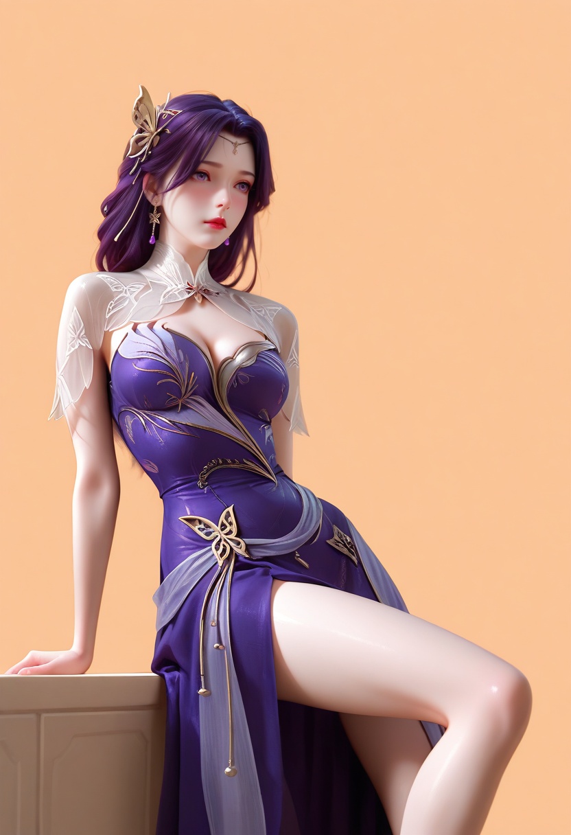 masterpiece,best_quality,(realistic:1.2),photorealistic,amazing quality,very aesthetic,absurdres,vibrant,newest,perfect body,detailled body,fair skin,pale_skin,velvet skin,curvy body,voluptuous body,skindentation,narrow waist,wide hips,full bust,curved silhouette,S-curve body,(wide pelvis:1.2),slim legs,(long legs:1.2),wide_shot,simple_background,Whiskey Brown background wall,Light Orange background,leaning back,1girl,solo,bright red lips,knee_blush,<lora:云曦:1>,yunxi01,hair ornament,butterfly_hair_ornament,earrings,jewelry,dress,cleavage,cleavage cutout,clothing cutout,medium breasts,white_capelet,transparent,collar,purple hair,purple_dress,purple_eyes,