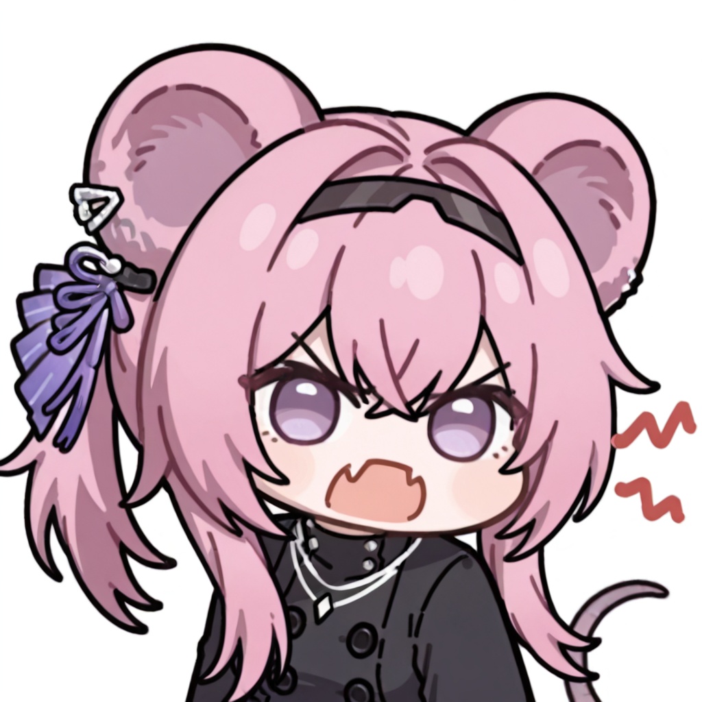 <lora:haqi_angry_fang:0.7>,lin \(arknights\),arknights,animal ears,long hair,mouse ears,,hairband,pink hair,purple eyes,black hairband,mouse girl,pink eyes,mouse tail,tail,chibi,1girl,solo,upper body,haqi,angry,fang,v-shaped eyebrows,looking at viewer,open mouth,white background,simple background,<lora:doro_head_noob-4:1>,doro,