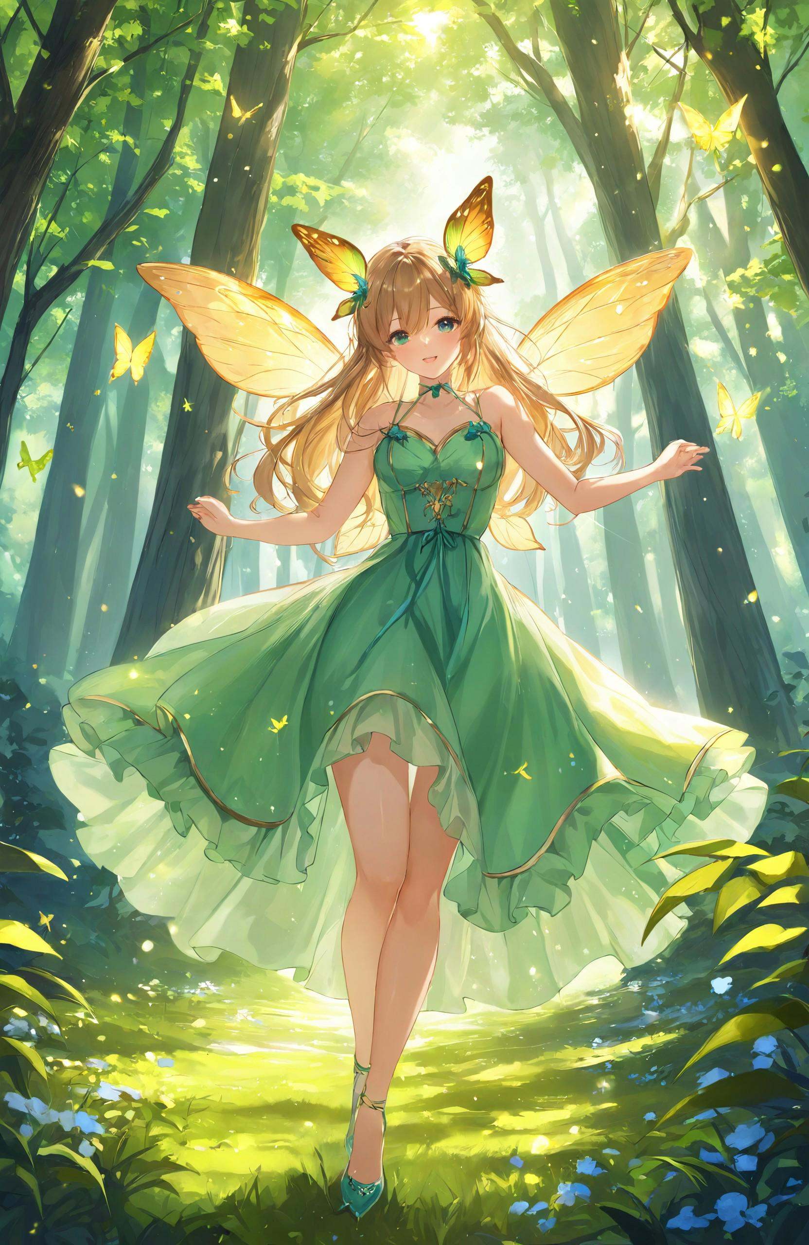 "Whimsical fantasy anime art style,  featuring a young girl with ethereal wings,  dancing through a sunlit forest. The lig...