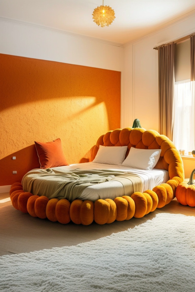 ((HRD, HUD, 8K)),((masterpiece, best quality)), highly detailed, soft light,CreativeFurniture, no humans, bed, (pumpkin:1.2), simple background, white background,  <lora:20240406-1712391677858:1>