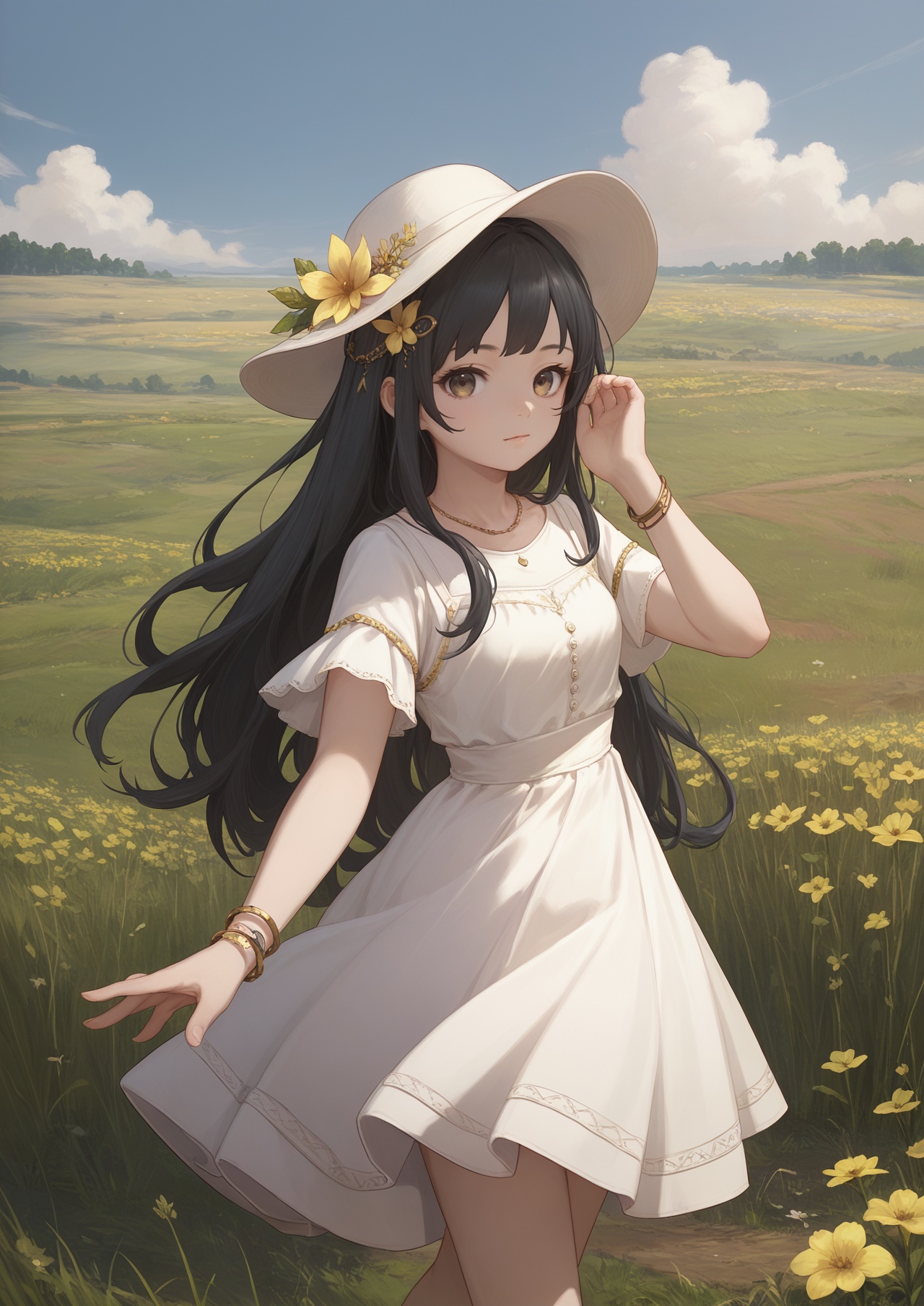 score_10,score_9,score_8_up,score_7_up,1girl,solo,long hair,black hair,field,flower,hair ornament,outdoors,white skirt,skirt,yellow flower,jewelry,hat,bracelet,dress,looking_at_viewer,eye-contact,