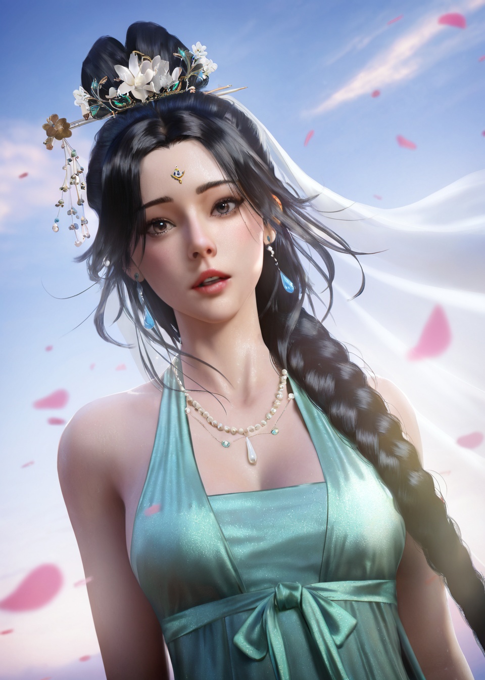 a flower marries a girl,dramatic angle,penetrating eyes,Black hair,jewel eyes,aestheticism,soft face,long hair braided,beautiful face,lying petals,floating petals,falling petals,breeze,wind,sky,dusk,looking at viewer,Hanfu,She wore a lovely tiara,Hairpin,applique,embroidery,Huasun,women's hair ornament,Eardrop,pearl and jade necklace,