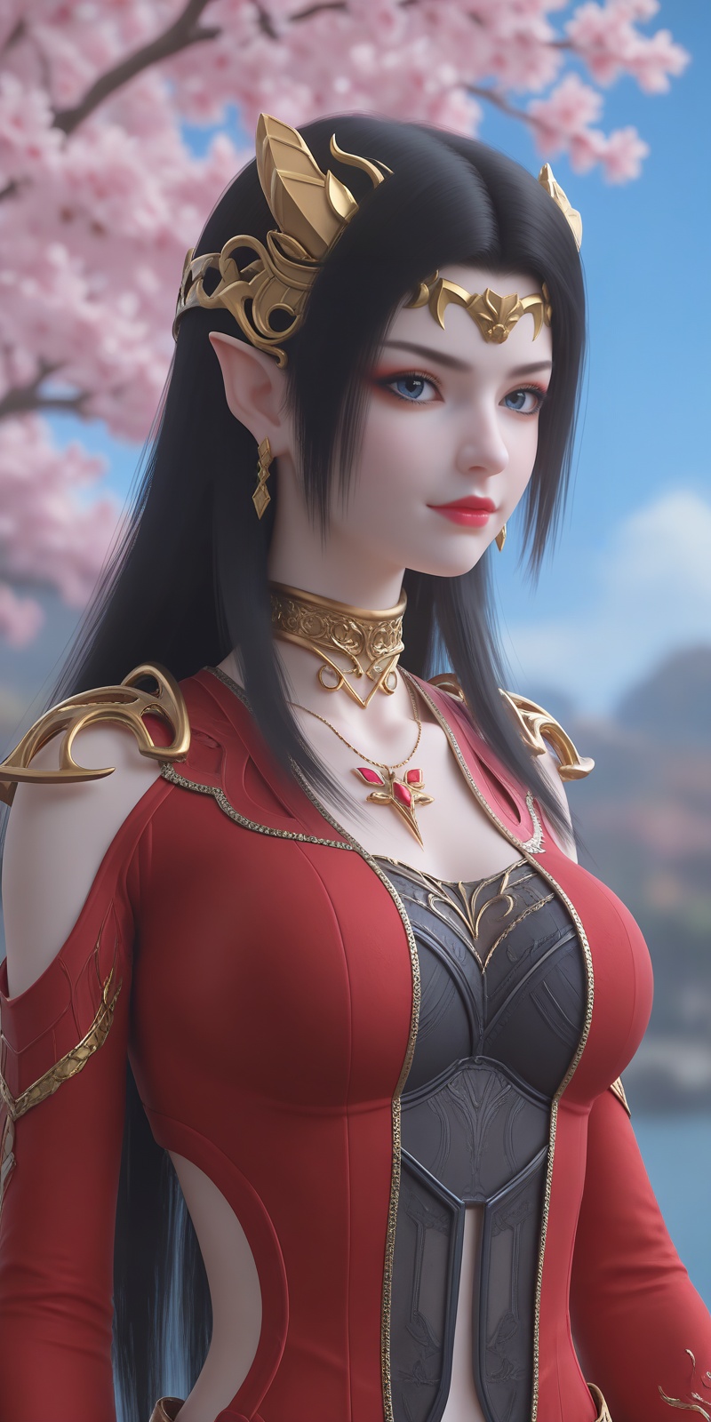 <lora:美杜莎pony-000013:0.6>,meidusha,1girl,jewelry,solo,pointy ears,upper body,black hair,long hair,earrings,necklace,red dress,hair ornament,blue sky,clothing cutout,dress,sky,closed mouth,looking at viewer,breasts,metal collar,collar,blue eyes,depth of field,masterpiece,best quality,very aesthetic,2024,2023,perfect composition,ultra-detailed,extreme aesthetic,(quasarcake:0.7),masterpiece,best quality,good quality,newest,year 2024,year 2023,very aesthetic,absurdres,looking_at_viewer,colorful,