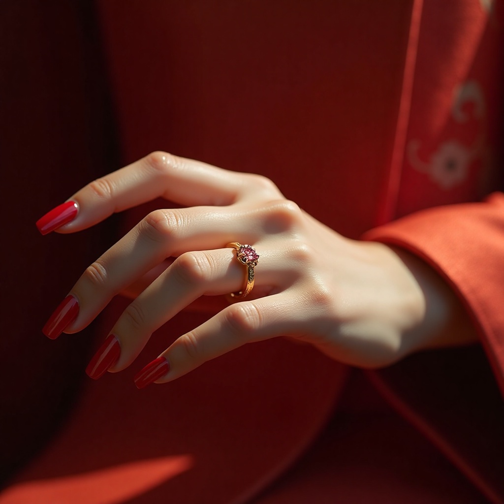 BraceletDisplay,A Chinese beauty wears a gold ring on her finger, close-up ring, ultra-high resolution, realistic, 8K, light and shadow art