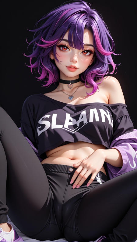 score_9, score_8_up, score_7_up, rating_explicit, source anime, black background,A seductive girl with messy purple hair with highlights, lying on her stomach with her legs up, wearing tight fitted pants, hugging her hips and thighs. Her loose crop top falling off one shoulder, her highlighted hair spread out around her, a black choker with a pendant on her neck, her red eyes giving a playful glance.