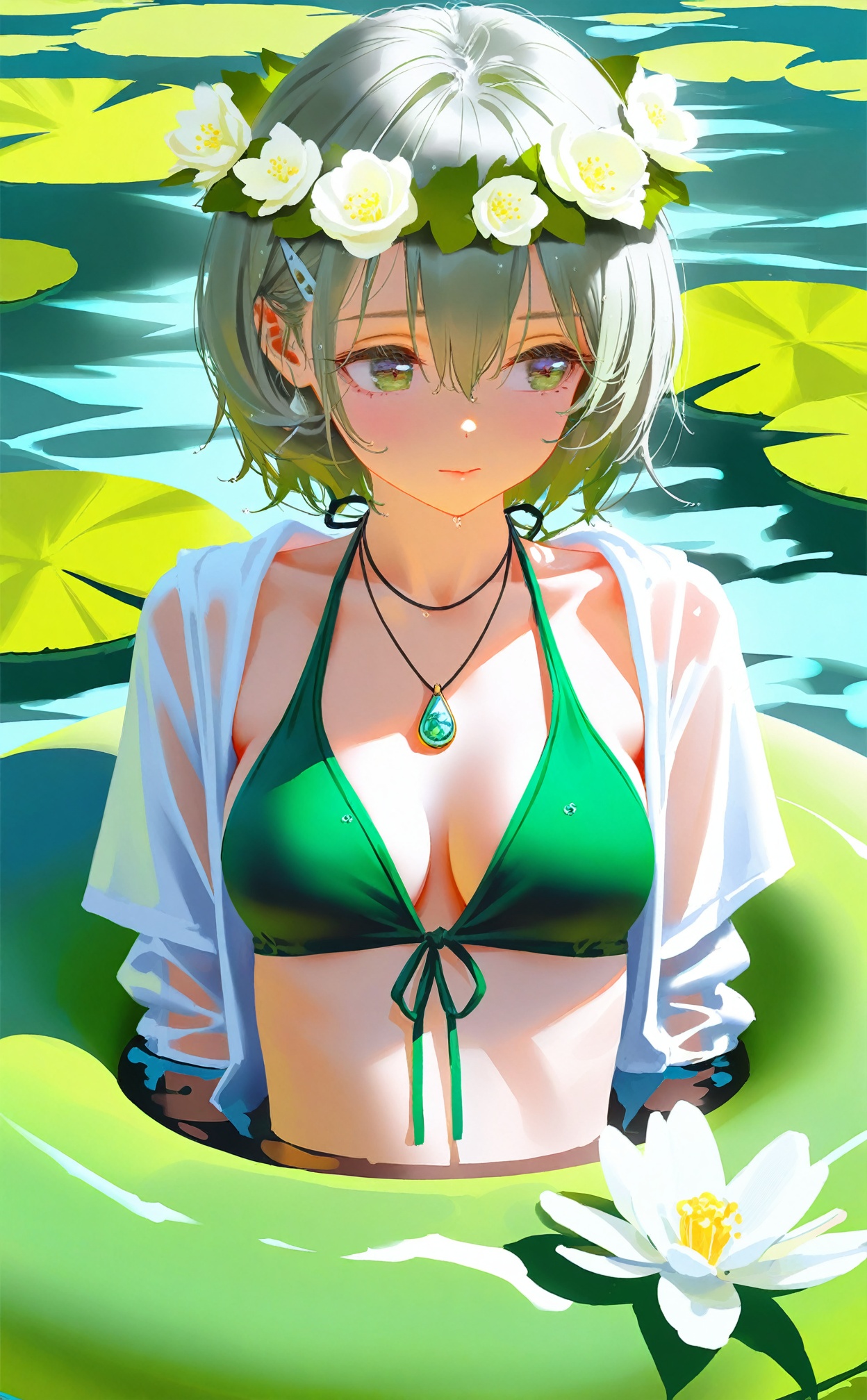 masterpiece,1girl,solo,swim ring,lily pad,green bikini,swimsuit,innertube,bikini,head wreath,jewelry,short hair,breasts,green eyes,water,partially submerged,sunlight,collarbone,necklace,jacket,open clothes,white hair,green theme,flower wreath,see-through,outdoors,pendant,looking to the side,white jacket,hair between eyes,wet,white flower,flower,afloat,open jacket,closed mouth,upper body,medium breasts,halterneck,front-tie top,front-tie bikini top,day,grey hair,hair ornament,green hair,(artist:ningen_mame:0.9),(artist:sho_(sho_lwlw):0.9),(artist:rhasta:0.9),(artist:wlop:0.7),(artist:ke-ta:0.6),(fkey:0.5),(tianliang duohe fangdongye:0.5),(hiten \(hitenkei\):0.6),