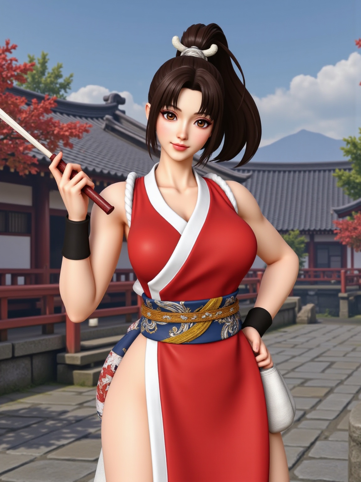 Mai Shiranui,3D animation style,traditional Japanese attire,holding traditional Japanese fan,outdoors,