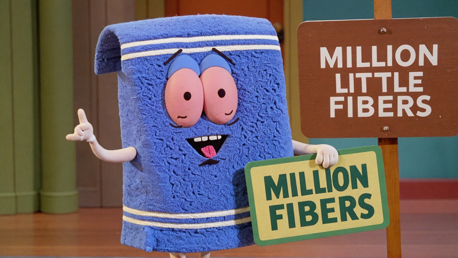 Photo of Towelie with a mustache on Oprah show with a sign that says "million little fibers" on Tensor.Art