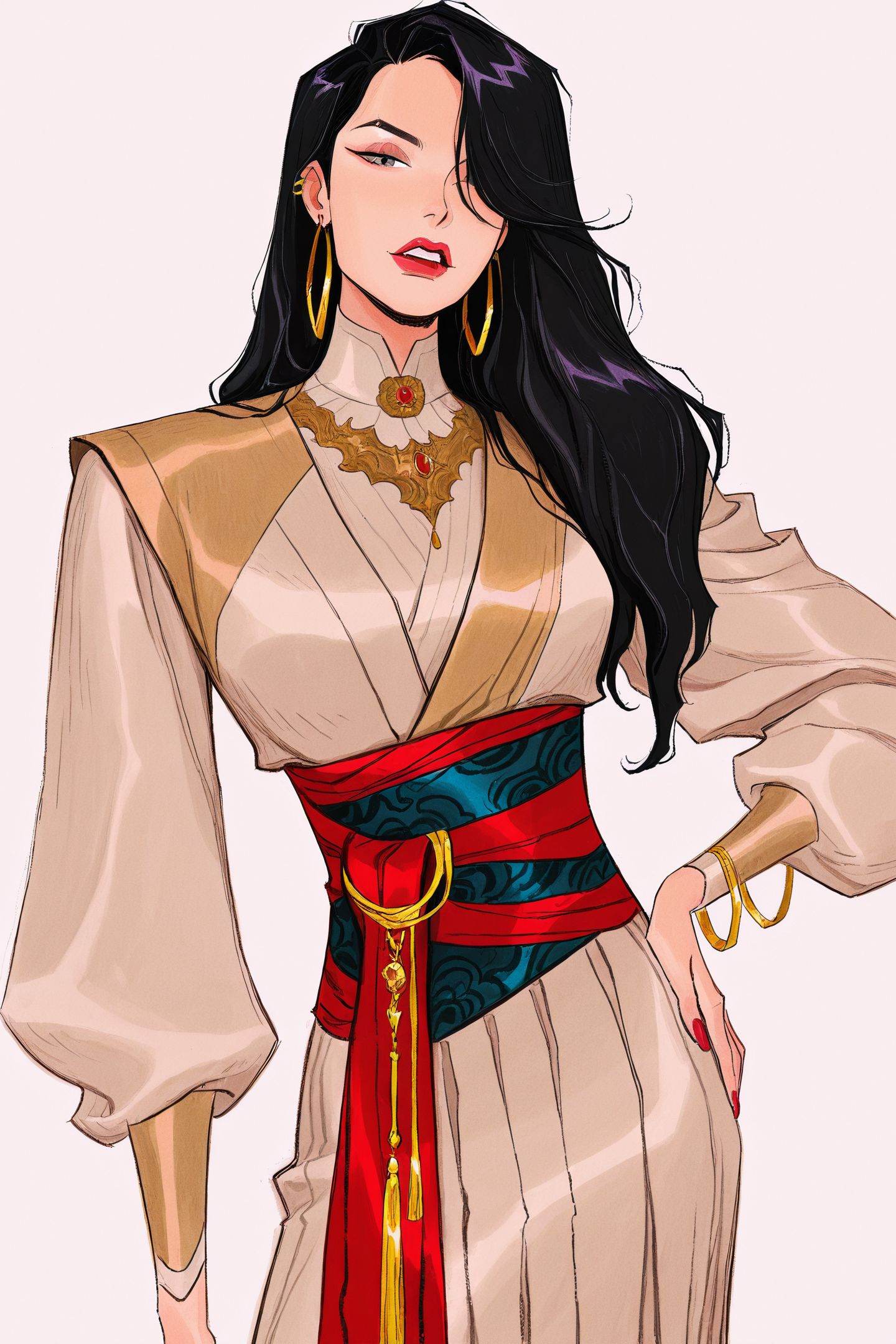 ami thompson Style,1girl,black hair,solo,jewelry,earrings,hair over one eye,long hair,red nails,red lips,white background,sash,fingernails,looking at viewer,hoop earrings,long sleeves,simple background,parted lips,hand on own hip,teeth,<lora:ami thompson_illustriousXL:1>,