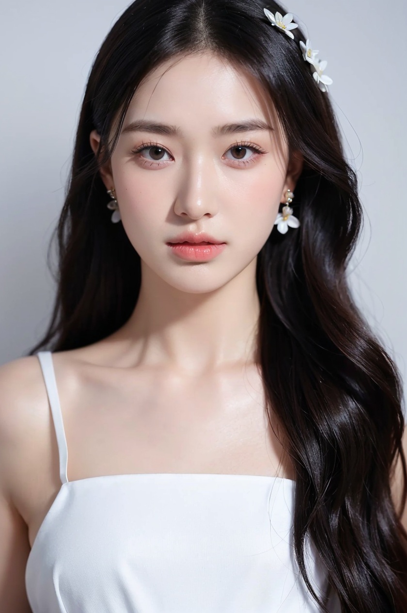 1girl, solo,(front view:1.2),(looking_at_viewer:1.4),(eye-contact:1.4),,black hair, long hair, jewelry, realistic, earrings, hair ornament, black eyes, lips, collarbone, parted lips, flower, watermark, upper body, portrait, hair flower, dress, web address,  <lora:YG红颜阁美女7:0.8>,