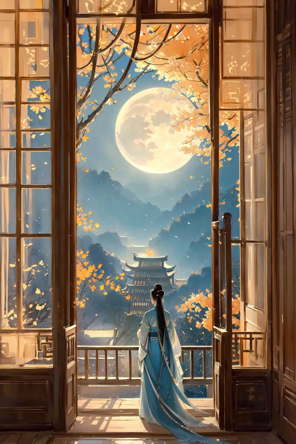 -Hanama wine, long hair, black hair, solo, moon, architecture, 1girl, from behind, tree, standing, full moon, hair bun, east asian architecture, single hair bun, hanfu, long sleeves, night, sky, railing, traditional media, chinese clothes, scenery, facing away, dress, sliding doors<lora:Hanama wine-000018:0.8>,