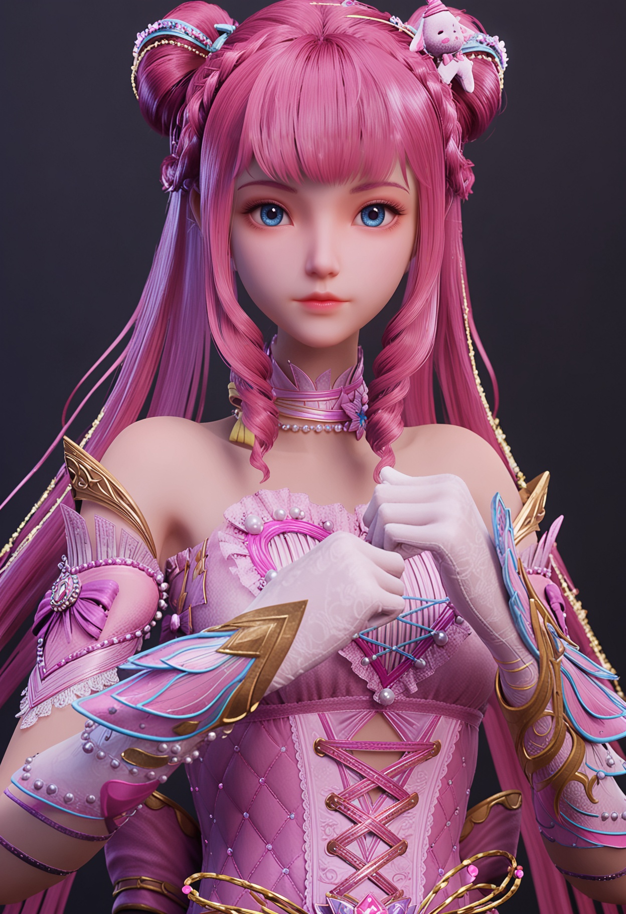 (looking_at_viewer:1.2),upper_body,<lora:YQ_pony_chenyinger_V4:0.8>,solo,1girl,q1528437228,long hair,pink hair,hair bun,pink dress,hair ornament,double bun,blue eyes,drill hair,gloves,twintails,bow,choker,twin drills,jewelry,white gloves,blunt bangs,braid,very long hair,high heels,necklace,stuffed animal,simple background,pure black background,black background,