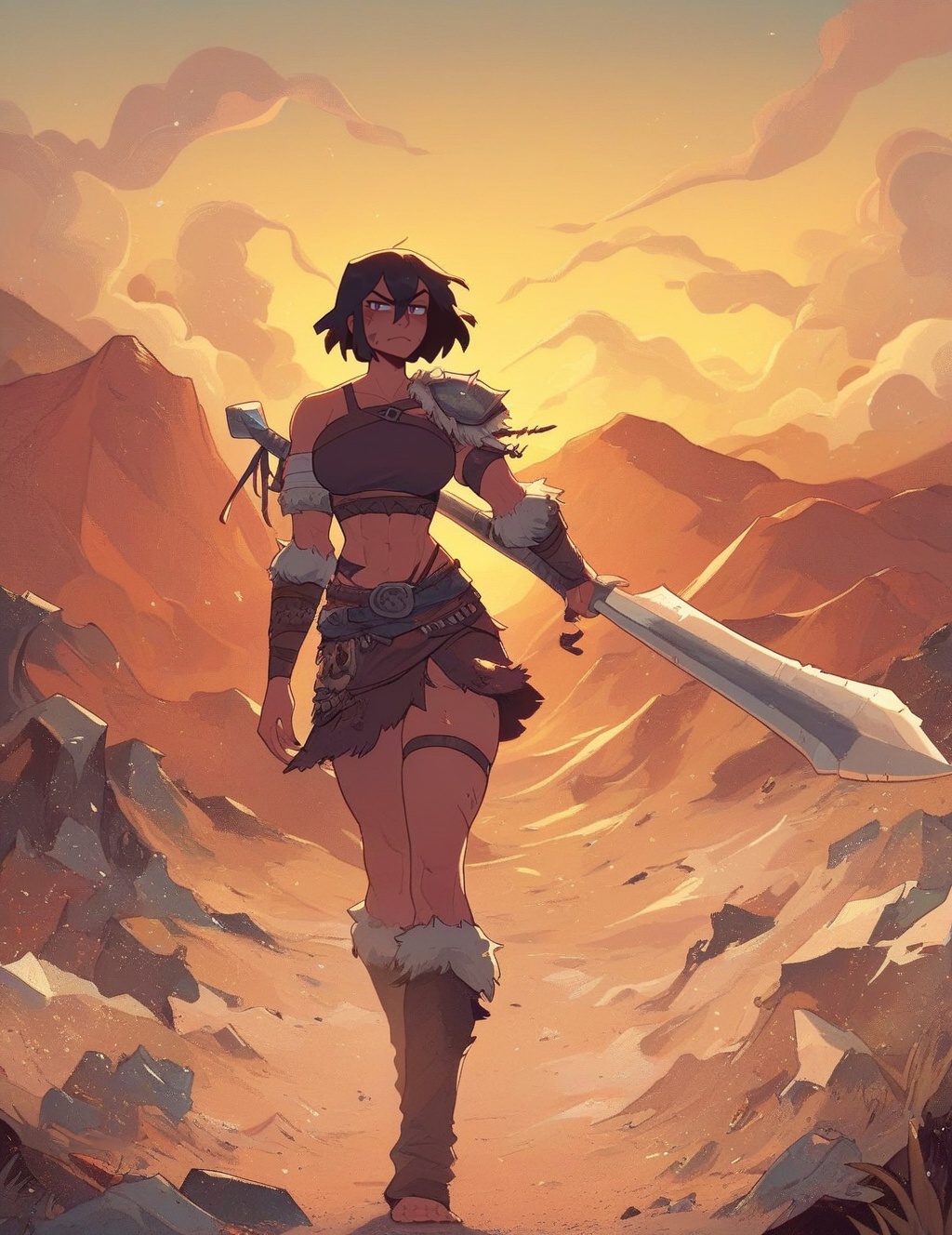 barbarian warrior woman in the desert,  massive [sword|axe],  sometimes she's cutescore_8_up on Tensor.Art