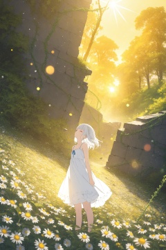 (masterpiece),(best quality),illustration,ultra detailed,hdr,Depth of field,(colorful),loli,yellow theme,the setting sun,Chamomile,Chamomile,cornflower,vines,forest,ruins,lens flare,hdr,Tyndall effect,damp,wet,1girl,bare shoulders,broken glass,broken wall,white hair,white dress,closed mouth,constel lation,flat color,braid,blinking,white robe,float,closed mouth,constel lation,flat color,looking up,standing,medium hair,standing,solo,