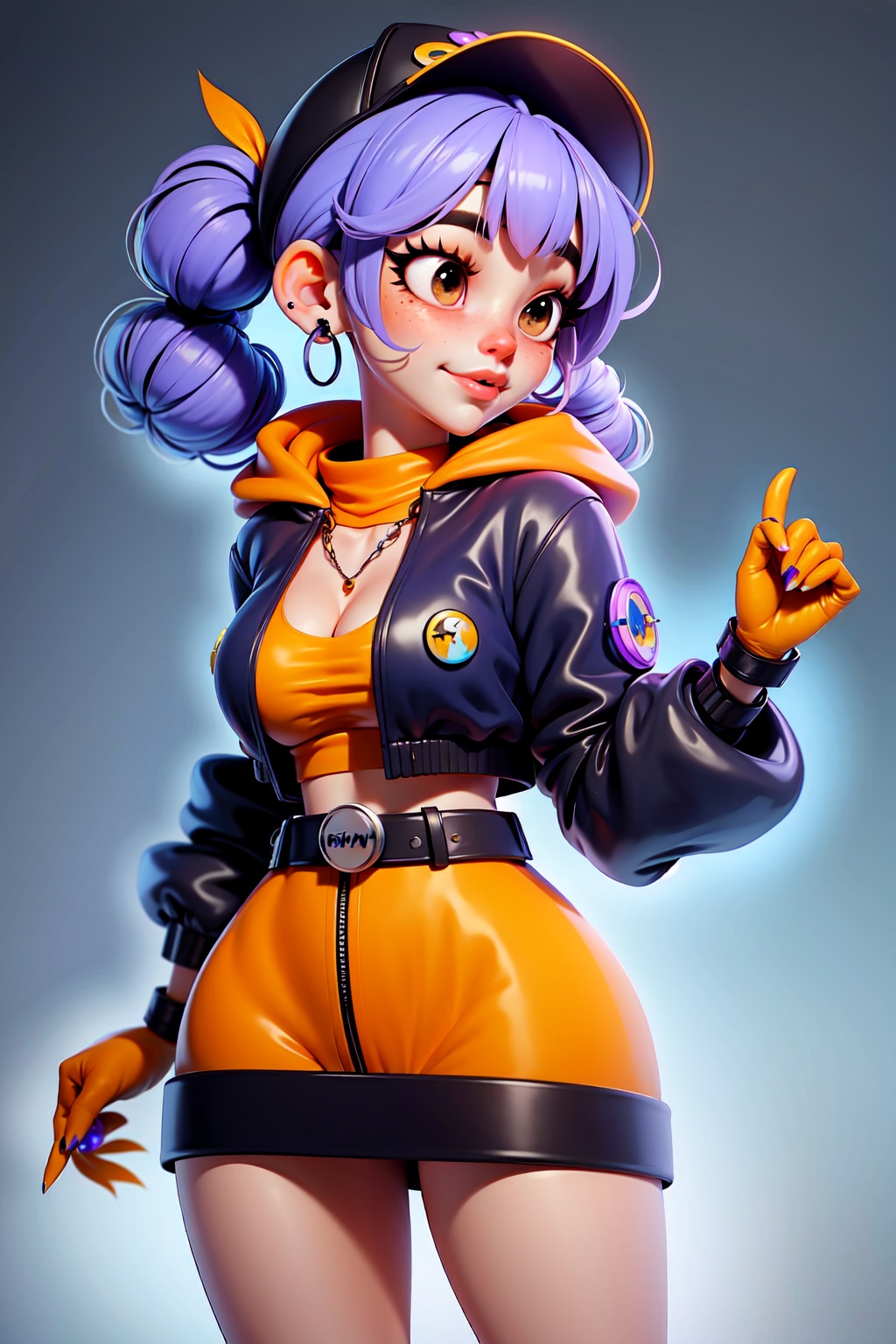 1girl, solo, twintails, jacket, hat, jewelry, mask, earrings, baseball cap, bangs, looking at viewer, v, mouth mask, gloves, orange background, blue nails, nail polish, fingerless gloves, hood, purple hair, upper body, simple background, yellow jacket, ear piercing, piercing, blue hair, belt, yellow background, long sleeves, blunt bangs, hand up, drawstring, hood down, ring, masterpiece,best quality,