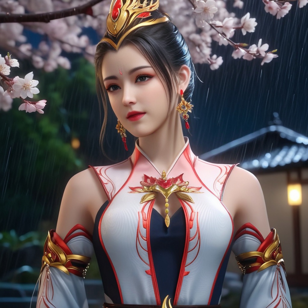 <lora:710-DA-XL-师兄啊师兄-酒玖:0.8>(,1girl, ,best quality, ),looking at viewer, ,ultra detailed 8k cg, ultra detailed background,  ultra realistic 8k cg,          cinematic lighting, cinematic bloom, (( , )),,  , unreal, science fiction,  luxury, jewelry, diamond, pearl, gem, sapphire, ruby, emerald, intricate detail, delicate pattern, charming, alluring, seductive, erotic, enchanting, hair ornament, necklace, earrings, bracelet, armlet,halo,masterpiece, (( , )),,  ,cherry blossoms,(((, night,night sky,,  ultra high res, (photorealistic:1.4), raw photo, 1girl, , rain, sweat, ,wet, )))(( , ))   (cleavage), (), 