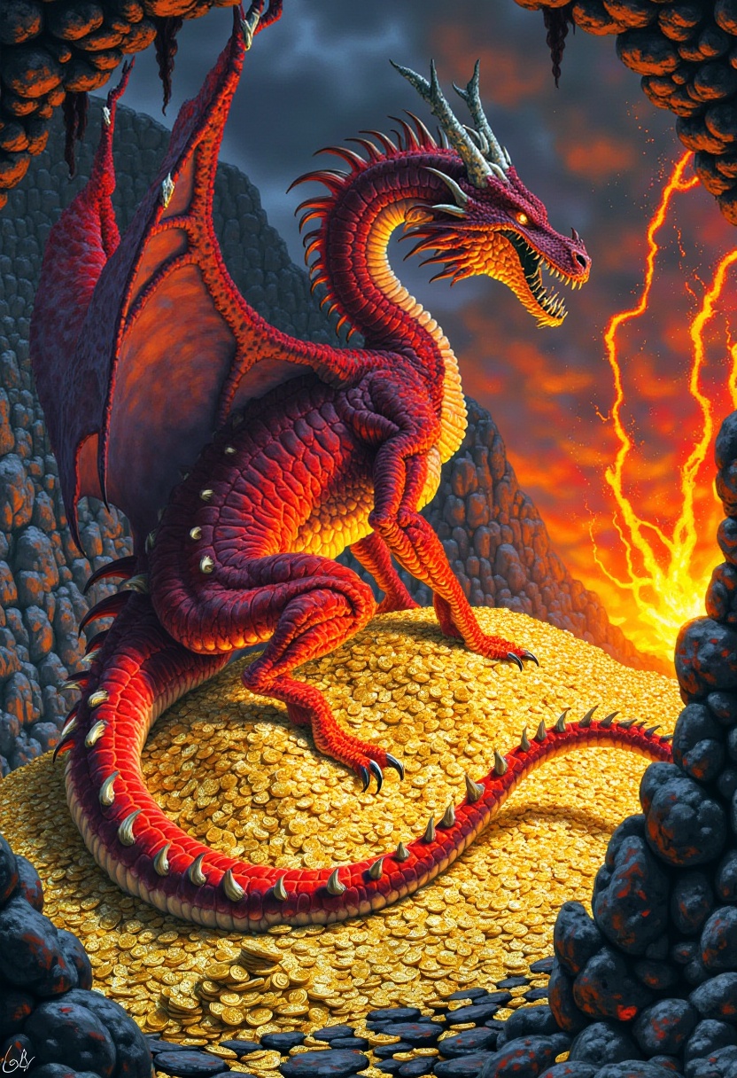 secret_grotesque_fantasy,  A wide-angle landscape illustration capturing the full body of a fierce ***** dragon coiled pro...