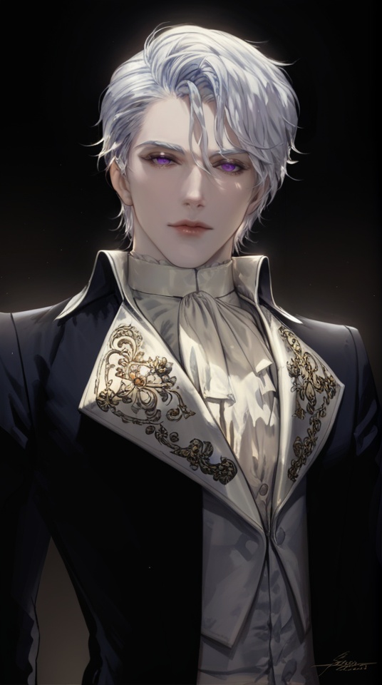 (best quality), ((masterpiece)), (highres), illustration, original, extremely detailed, <lora:美の欲:0.7>1boy, male focus, solo, purple eyes, signature, looking at viewer, black background, white hair, upper body, simple background, short hair, closed mouth, ascot, lips, jacket, white ascot, formal