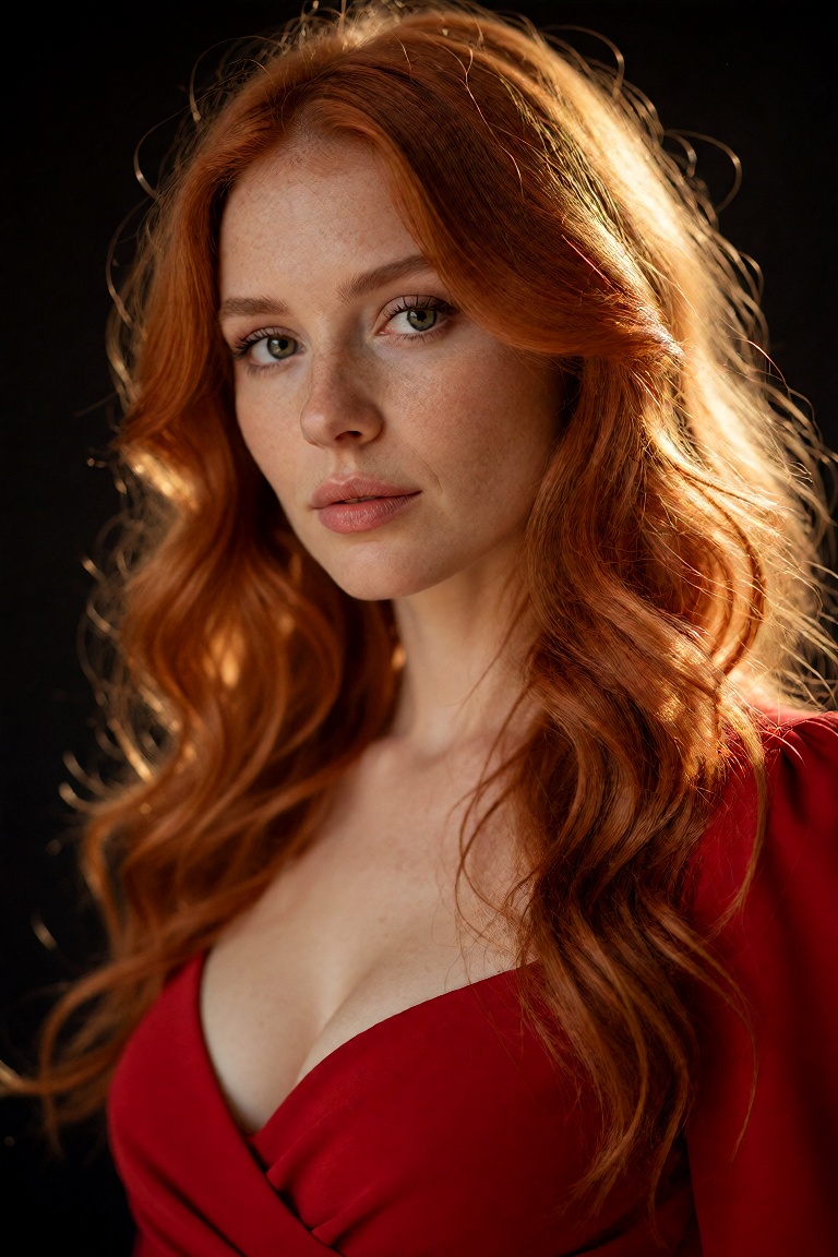 A striking portrait of a Caucasian woman aged 30,  captured in high-resolution sharpness against a deep black backdrop ill...