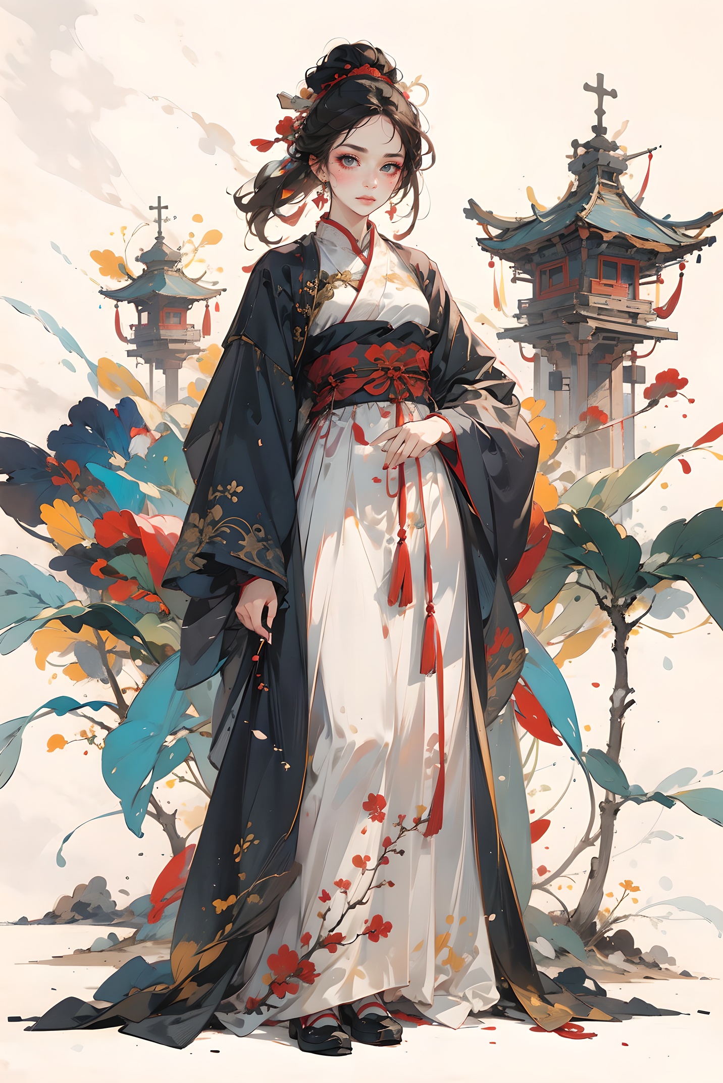 one girl,masterpiece,best quality,pigment,Facial detail,Landscape background,cloth shoes,Tall and tall:1.35,Exquisite makeup,full body,(colorful:0.85),ancient China,<lora:hanfu:0.35>,<lora:linhe gufeng_20231016142654:0.65>,