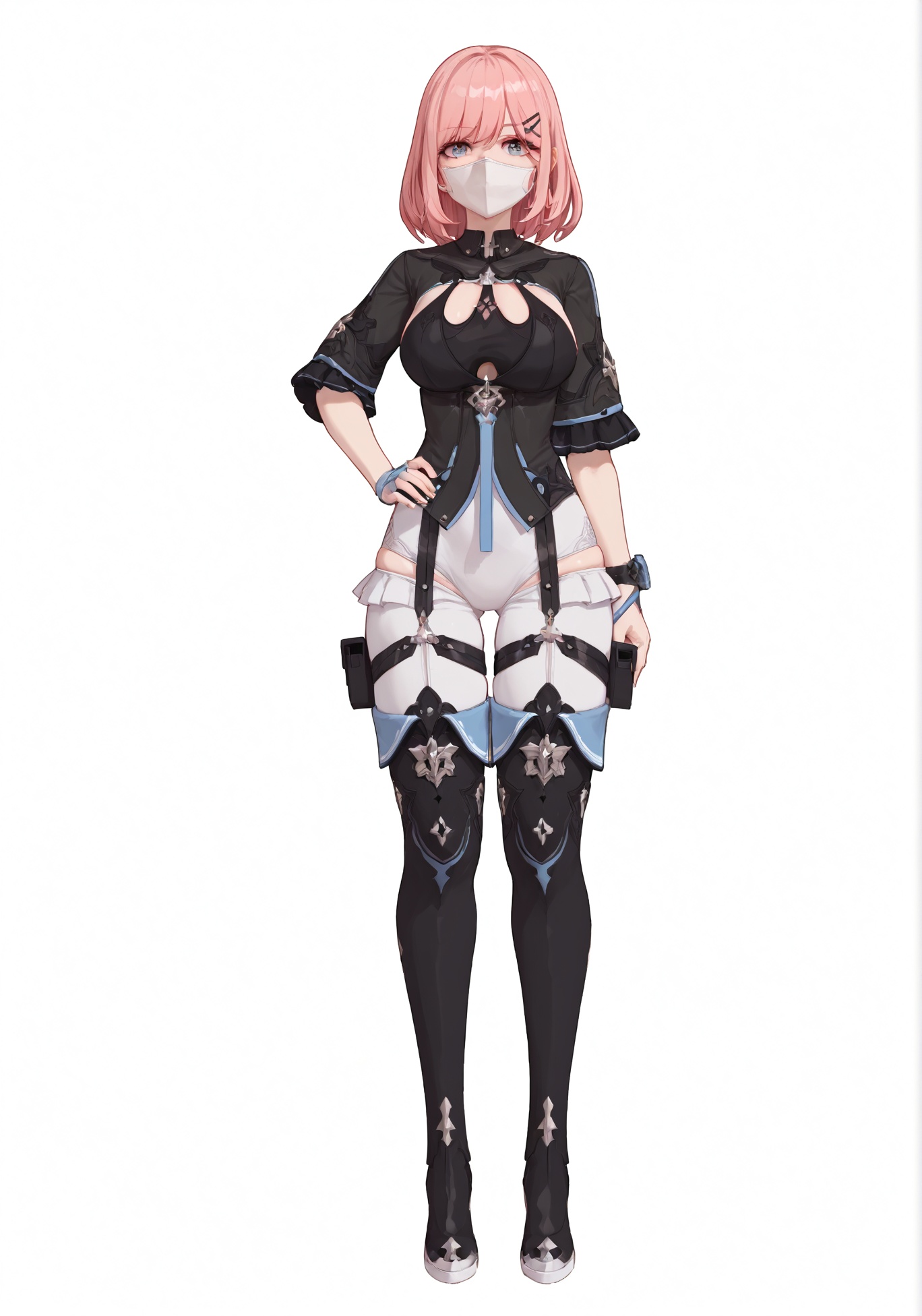 score_9, score_8_up, score_7_up, score_6_up, 8k, 8k, best quality, masterpiece, (ultra-detailed:1.1), (high detailed skin), (full body), ( simple background,white background:1.3), standing, looking at viewer, (solo), hand on hip, <lora:Timido-pony-Tanger:0.8>, Timido, def clothes, 1girl, single glove, thigh boots, pink hair, mouth mask, black footwear, thighhighs, boots, breasts, (beautiful_face), ((intricate_detail)), clear face, ((finely_detailed)), fine_fabric_emphasis, ((glossy)), full_shot, 