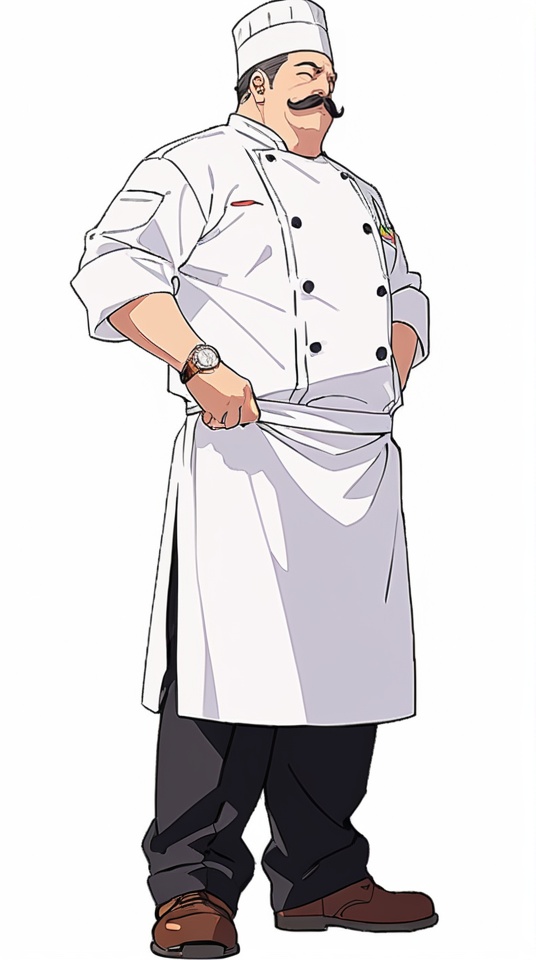 (best quality), ((masterpiece)), (highres), illustration, original, extremely detailed . <lora:日式动漫人设BOY版XL:0.7>jjj, chef, 1boy, male focus, chef hat, mustache, solo, facial hair, hat, watch, wristwatch, full body, black hair, simple background, closed eyes, apron, pants, standing, white background, black pants, shoes, buttons, short hair