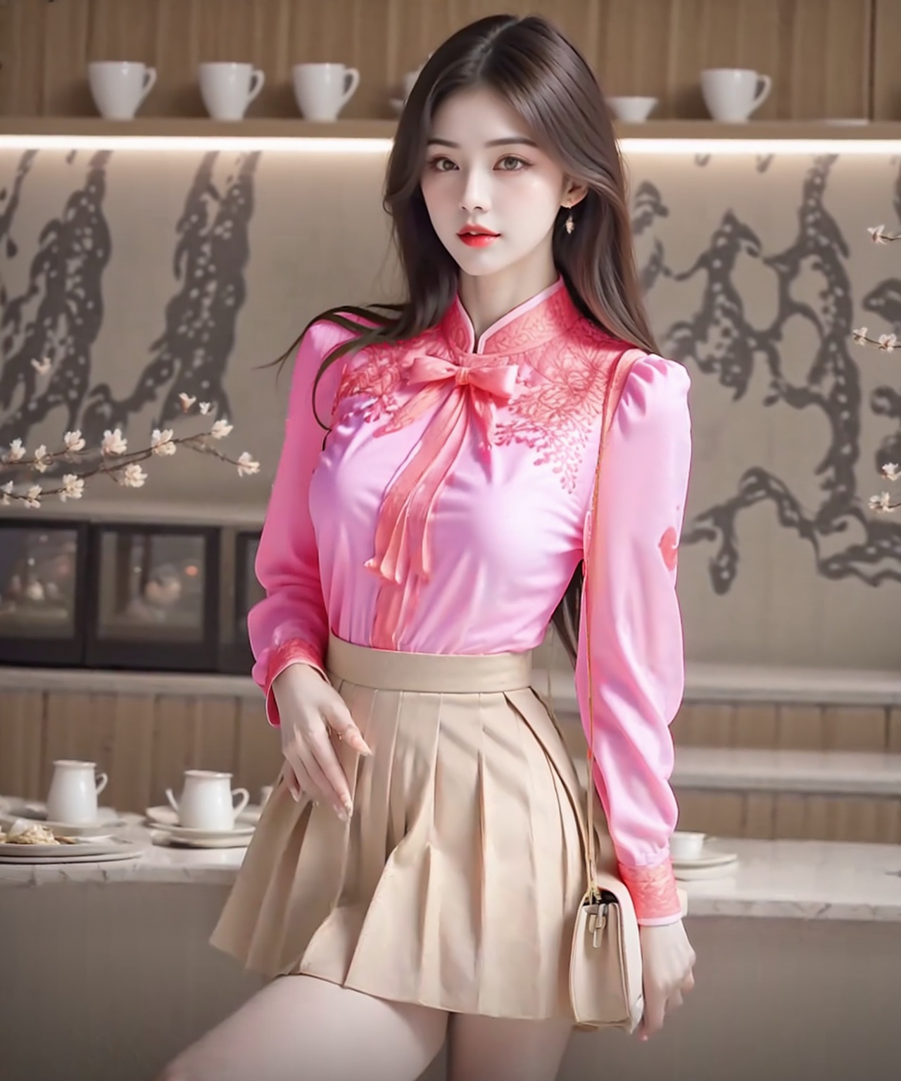 1girl,diamond earrings,water red lips,heavy makeup,close-up,black hair,long hair,solo,collared_shirt,shirt,skirt,<lora:绝世佳人1.1:1>,pink shirt,