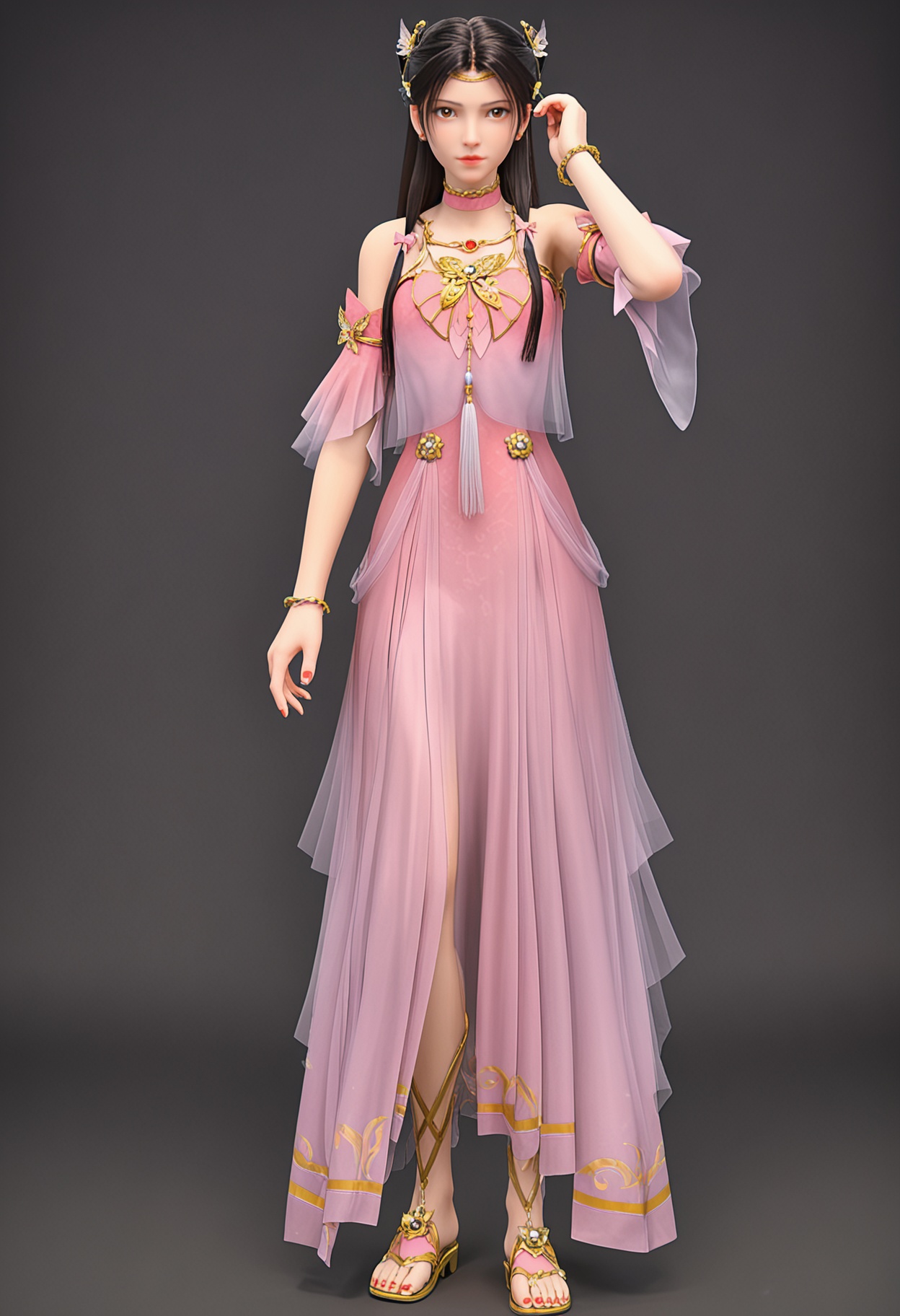 (cowboy shot:1.2),(looking at viewer:1.1),facing viewer,direct gaze,<lora:YQ_pony_tianlinger_V5:0.8>,q1528437228,1girl,solo,jewelry,long hair,hair ornament,earrings,dress,brown hair,choker,black hair,brown eyes,detached sleeves,hair bun,bracelet,necklace,sandals,BREAK simple background,pure black background,black background,perfect anatomy,