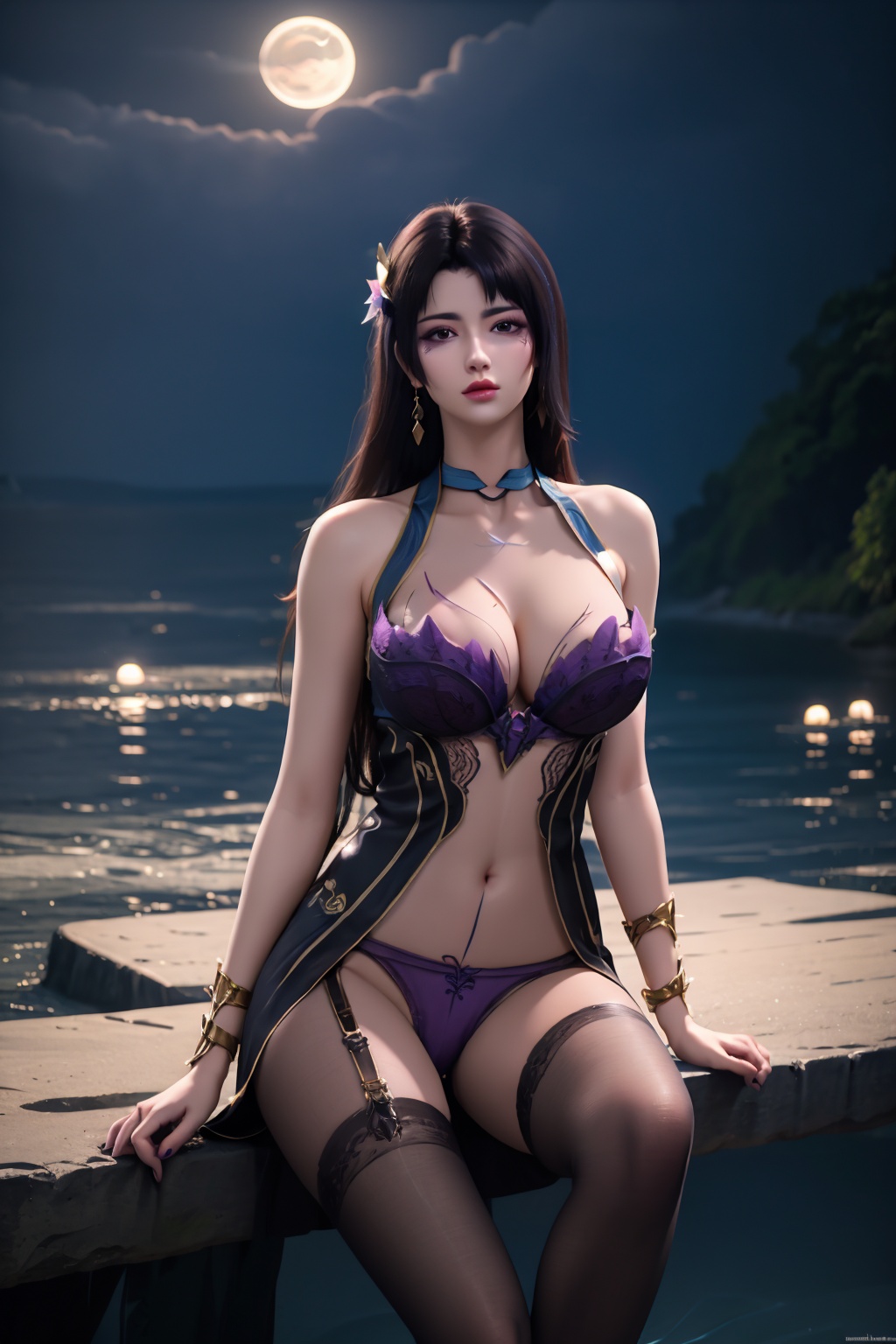standing,flower,full_moon,moon,night,lily_pad,lotus,moonlight,water,night_sky,lily_\(flower\),sky,partially_submerged,1girl,solo,hair ornament,long hair,realistic,nail polish,photo_\(medium\),(big breasts, cleavage),makeup,(8k, RAW photo, best quality, masterpiece:1.2),(realistic, photorealistic:1.3),ultra-detailed,extremely detailed cg 8k wallpaper,(crystalstexture skin:1.2),extremely delicate and beautiful,(sexy pose:1.2),wearing edgHL,see-through,thighhighs,sexy lingerie,(big breasts:1.2),silk,thin transparent silk,torn pantyhose,red purple lingerie,facial mark,