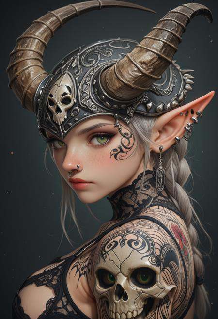 1girl, detailed eyes, (slender, lean, fit, athletic:2), ((sexy)), defined midriff, skindentations, large breasts, fake breasts, (perfect body:2), photo-realistic, realistic skin, realistic textures, detailed skin, photorealistic, ultrarealistic, 8k, A photo-realistic shoot from a portrait camera angle about a fantasy character with horns and intricate tattoos, showcasing a dark and mysterious aesthetic. the image also shows a close-up portrait of a woman with pale skin, green eyes, and long, silver hair styled in a braid, wearing a dark, ornate horned helmet adorned with intricate patterns. she has pointed ears and is positioned in the middle of the image, facing the viewer with a serious expression. the woman has a slim body and is wearing a black, lace-trimmed top that accentuates her upper body. her hair is styled in long, braided hair, and she has a pair of large, curved horns on her head. she is also adorned with earrings and has a tattoo of a skull on her upper arm. the background is a dark gradient, which contrasts with the woman's striking features. the lighting is dramatic, highlighting her face and upper body, and the overall effect is one of dark fantasy art. 1girl, horns, solo, pointy ears, rating:sensitive, breasts, freckles, tattoo, piercing, looking at viewer, sideboob, skull, jewelry, earrings, makeup, green eyes, medium breasts, from side, long hair, nose piercing, upper body, ear piercing, nose ring, helmet, grey hair, demon girl, yellow eyes, demon horns, lips, closed mouth, rating_sensitive, score_9, score_8_up, score_7_up