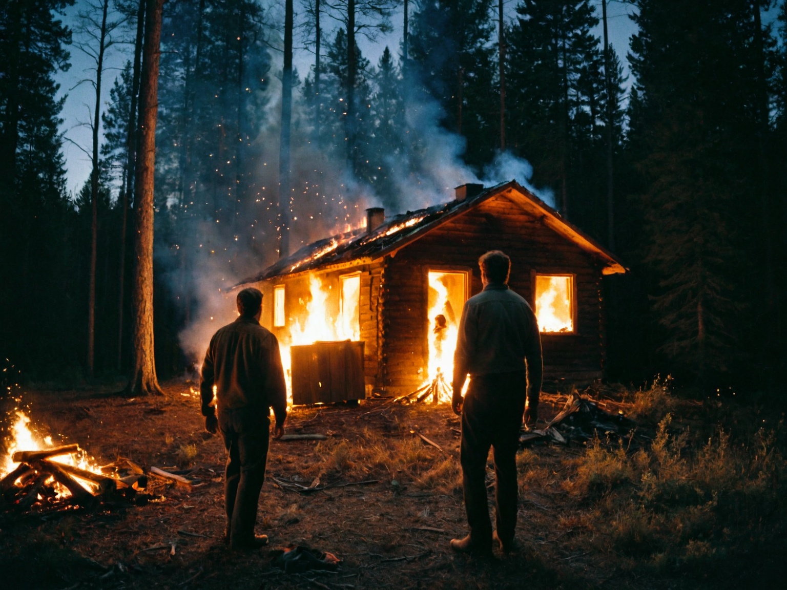 Cinematic photography Two men before a burning wooden house in the forest at night time with fire sparkles flying in the a...