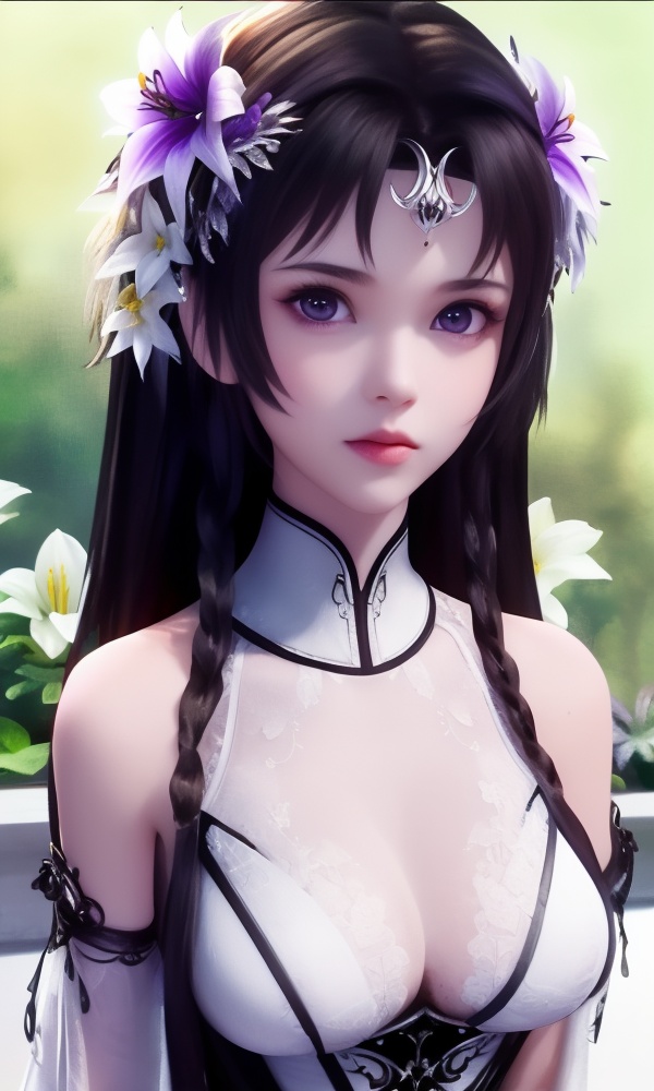 (,1girl, ,best quality, ),looking at viewer, <lora:406-DA-太一剑仙传-钟灵秀:0.8> ,ultra detailed 8k cg,ultra detailed background,ultra realistic 8k cg,1girl, solo,(bare shoulders:0.85),(masterpiece, best quality),((oil painting style)),sexy young lady,(beautiful face and eyes),(upper body:1.5),(whole body:1.05),(single person:1.2),surrounded by flowers, (lily), roses, floret, vegetation, white, purple, purplish pink,Impressionism,colorful,(Breast size:1.3),(()),