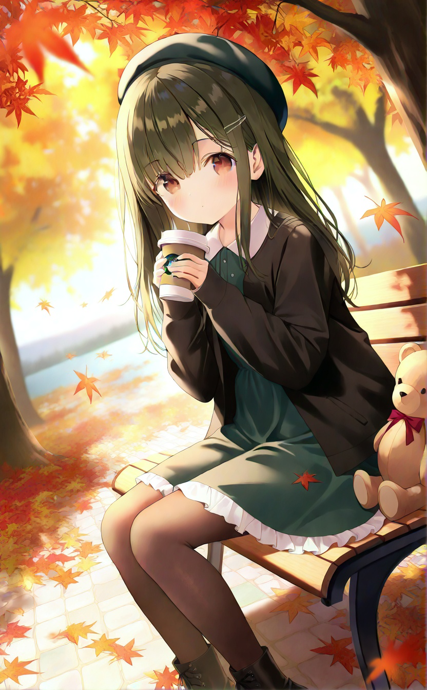 masterpiece,very aware,highres,absurdres,newest,best quality,loli,petite,high quality,chromatic_aberration,cinematic_angle,dutch angle,blurry_foreground,A light gradient background with white on top and brown at the bottom,//,1girl,stuffed toy,stuffed animal,solo,teddy bear,long hair,pantyhose,hat,skirt,sitting,outdoors,hair ornament,looking at viewer,brown eyes,sleeves past wrists,disposable cup,autumn,hairclip,autumn leaves,beret,bangs,long sleeves,coffee cup,river,water,Dark green dress,bench,black jacket,holding,leaf,blush,tree,jacket,holding stuffed toy,cup,boots,very long hair,frilled skirt,brown pantyhose,frills,feet out of frame,//,//,official art,blurry background,depth of field,detailed light,best shadow,shiny skin,cinematic lighting,ray tracing,amazing quality,very aesthetic,absurdres,beast quality,ultra detailed,newest,8K,HDR,full_shot,//,<lora:lora:1>,