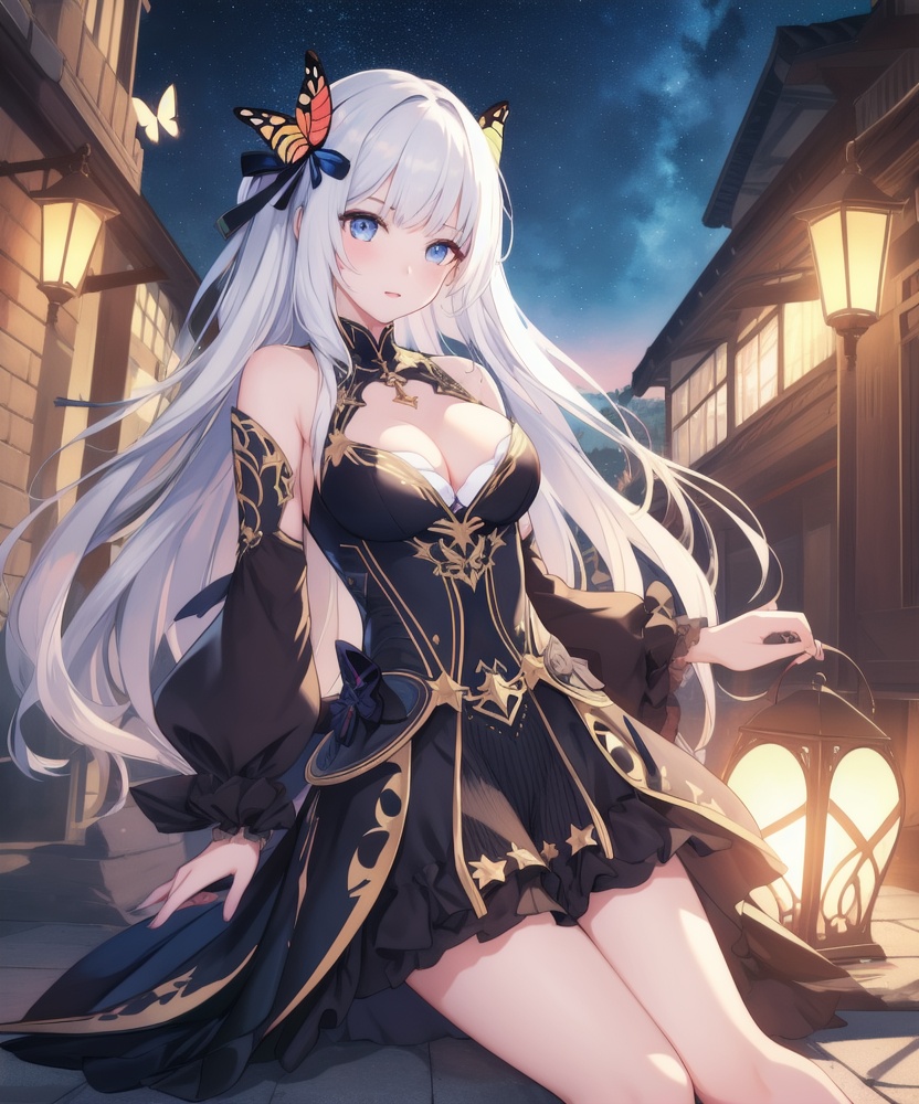 (,1girl, ,best quality, ),looking at viewer, <lora:457-DA-天启姬:0.8> ,ultra detailed background,ultra detailed background,ultra realistic 8k cg, ,masterpiece, (( , )),,  fiction,mole, , ,      ,, 1girl,butterfly sitting,  night, star_\(sky\)(cleavage),