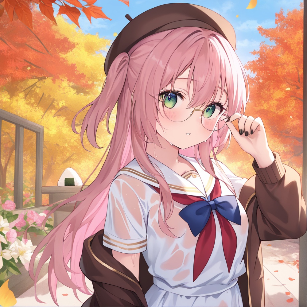 masterpiece, best quality, <lora:JeLen02-000001:0.8>, 1girl, autumn, black nails, blue bowtie, blue eyes, blush, brown hair, brown jacket, dress, flower, glasses, gold trim, green eyes, hair between eyes, hand up, hat, hoodie, jelen01, long sleeves, looking at viewer, onigiri, open jacket, outdoors, petals, pink hair, ray tracing, red neckerchief, sailor collar, school uniform, serafuku, short sleeves, simple background, sky, solo, two side up, upper body, wet clothes, white dress, white sleeves