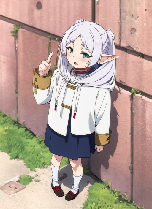 1 Girl,white hair,Elf,pointed ears,English text,dragon tail shoes,solo,long sleeves,open mouth,standing,whole body,socks,raising index finger,looking at the audience,white socks,hair accessories,bobby pins,green eyes,hood,pull rope,heart,blush,yellow background,<lora:fulilian1.0:0.9>,