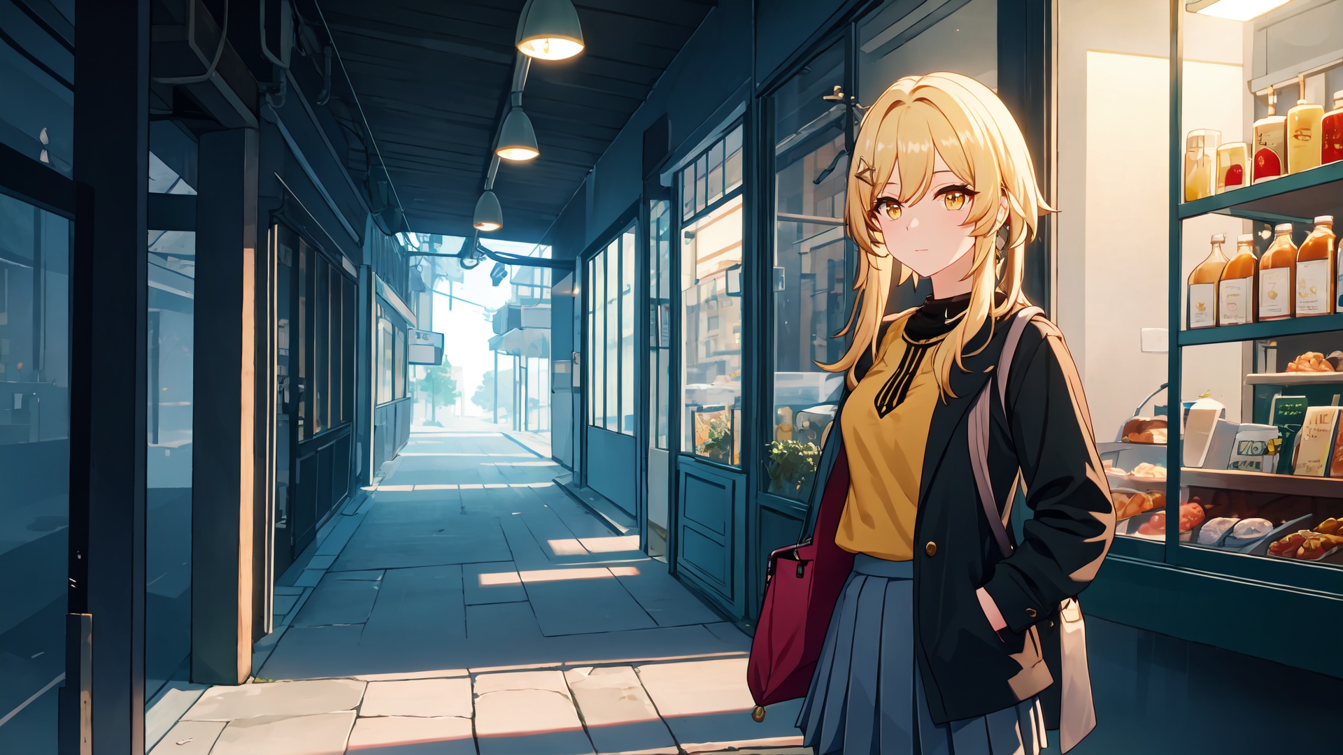 masterpiece,best quality,cinematic light,dramatic light,best shadow,colorful,wallpaper,high contrast,best illumination,ultra-detailed,an extremely delicate and beautiful,dynamic angle,depth of field,cowboy shot,upper body,<lora:lumine:0.6>,(lumine (genshin impact):0.8),(solo:1.3),1girl,hair ornament,yellow eyes,blonde hair,(pleated skirt:1.3),(black shirt:1.3),perfect face,perfect eyes,sidelighting,outdoors,street,phone booth,cityscape,shop,handrail,street lamp,power lines,hands in pockets,sidelocks,