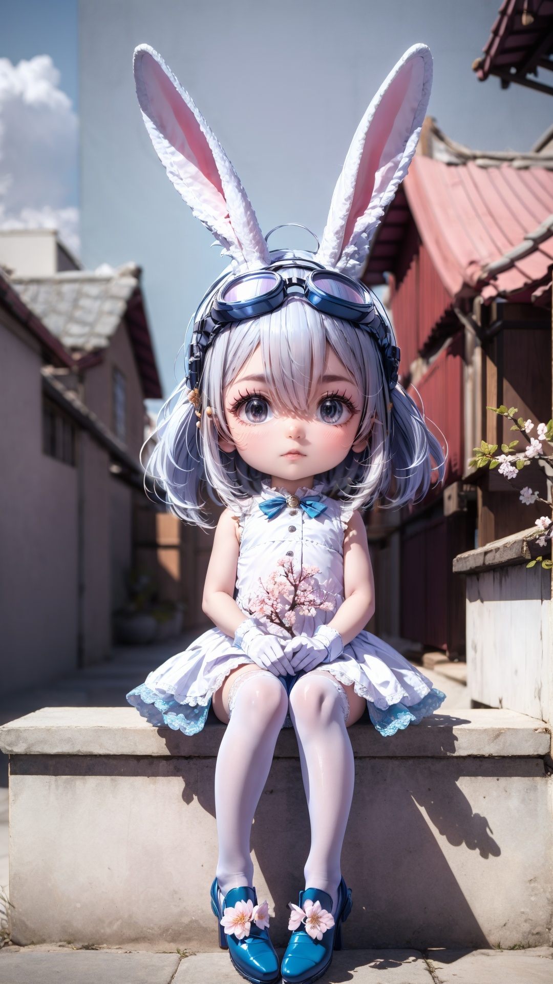tutututu,1girl,solo,wrist cuffs,rabbit ears,white dress,white gloves,blue footwear,goggles on head,sleeveless dress,bangs,blue bow,white hair,short hair,white thighhighs,<lora:lihaigeQ-000006:0.9>,masterpiece,best quality,summer,seaside,fruit,full body,hat,long hair,looking at viewer,red flower,Plum blossoms,red plum blossoms,coconut trees,sitting,solo,sky,sun,mountain,forest,