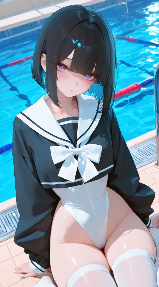 xg1,  white high-cut front-zip leotard with extreme leg cut,  black long-sleeve sailor cropped jacket featuring white sail...
