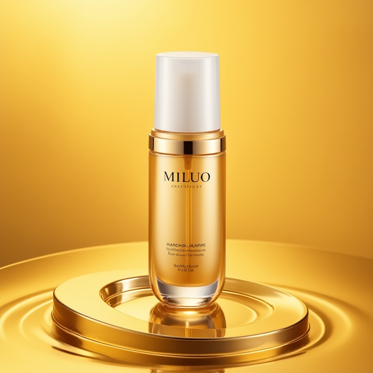mids,Photo of a golden bottle with a white cap, placed on a shiny, golden circular surface. The bottle has a label with the brand name "MILUO" in bold, black lettering. The background is a gradient of warm, golden hues, creating a luxurious and elegant atmosphere. The lighting is soft and diffused, highlighting the bottle and its contents. The overall effect is one of sophistication and luxury.<lora:t-流体美妆v1.3:1>